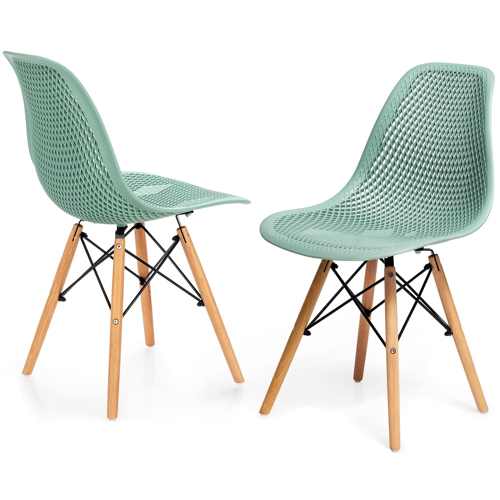Set of 2/4 Modern Dining Chairs, Outdoor Indoor Shell PP Lounge Side Chairs with Mesh Design, Beech Wood Legs