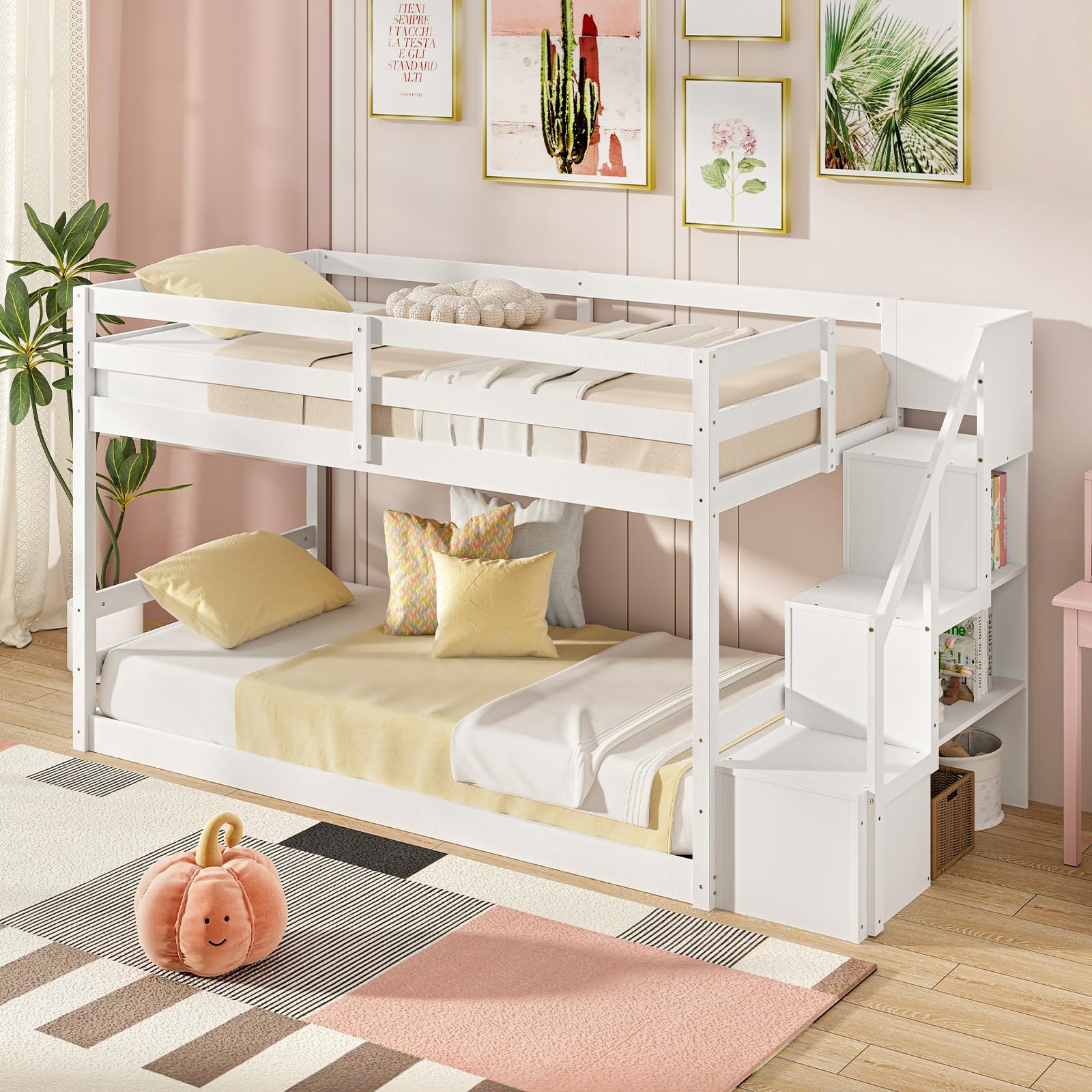 Bunk Bed with Stairs, Solid Wood Floor Bunk Bed with Storage Staircase & Full-Length Guardrails