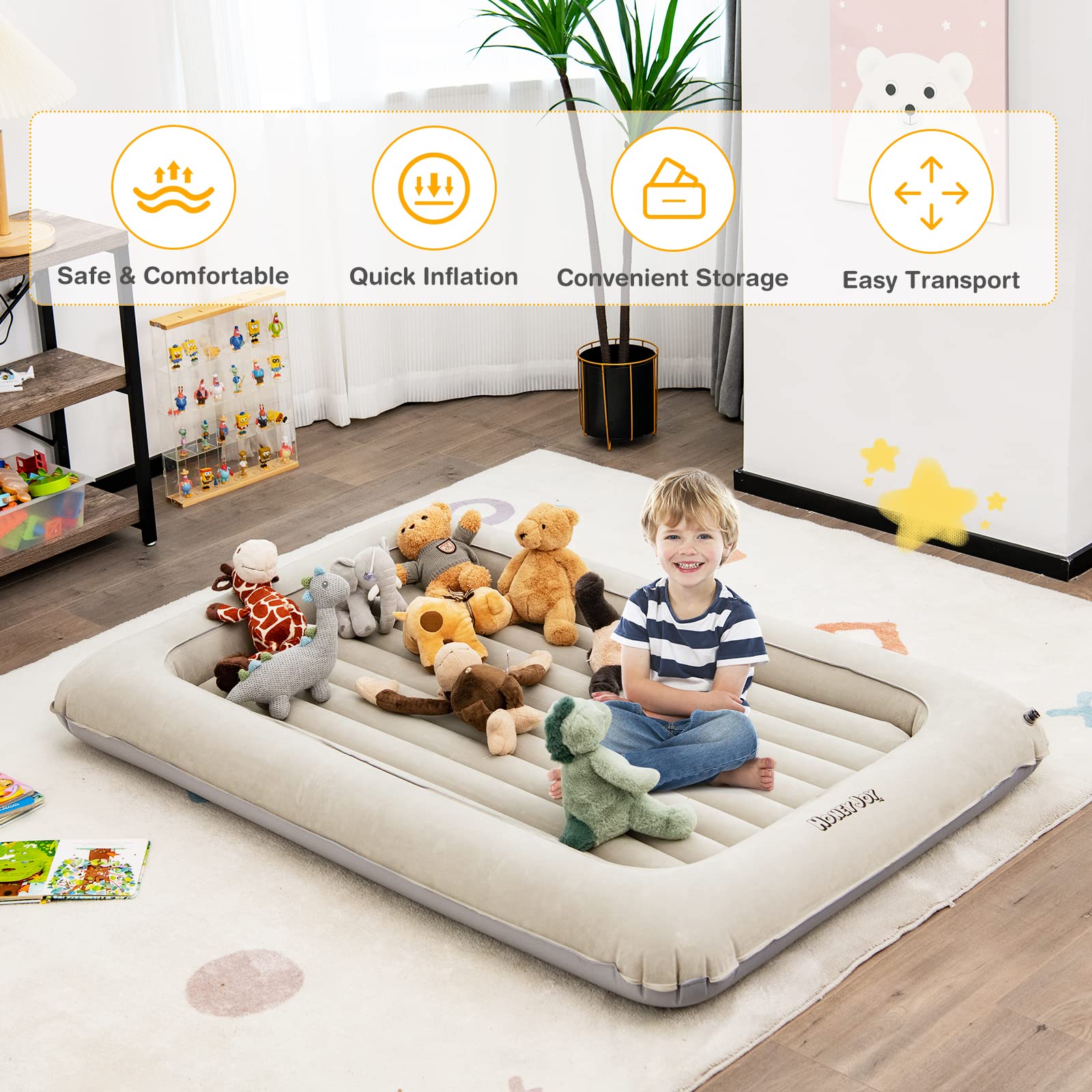 Inflatable Toddler Travel Bed, Kids Blow Up Air Mattress with Sides, Includes Air Pump, Travel Bag
