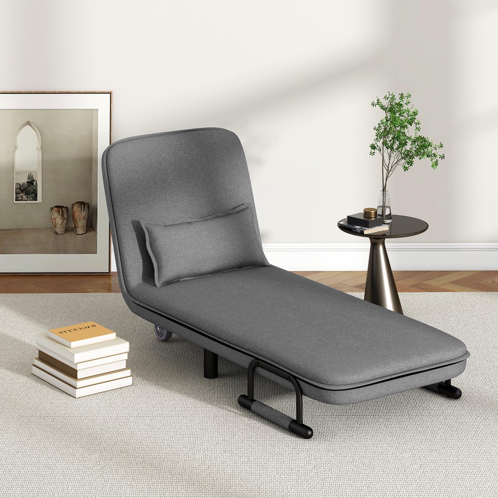 Convertible Chair Bed with 5-Position Adjustable Backrest & Lumbar Pillow, 2 Hidden Metal Legs & 2 Lockable Casters