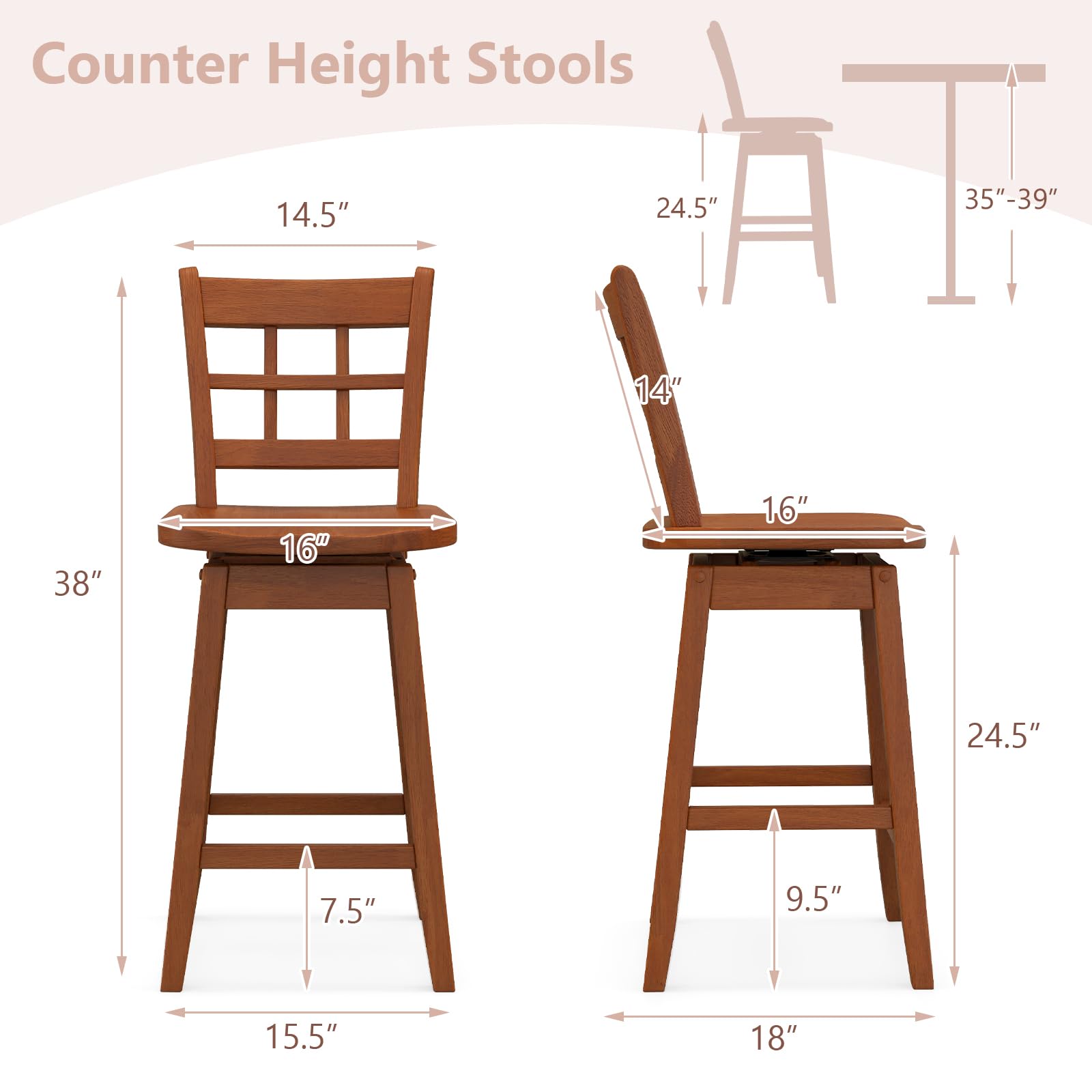 24.5" Bar Stools Set of 2/4, Farmhouse Swivel Barstools with 6-Grid Hollow Back & Ergonomic Contoured Seat, Footrest