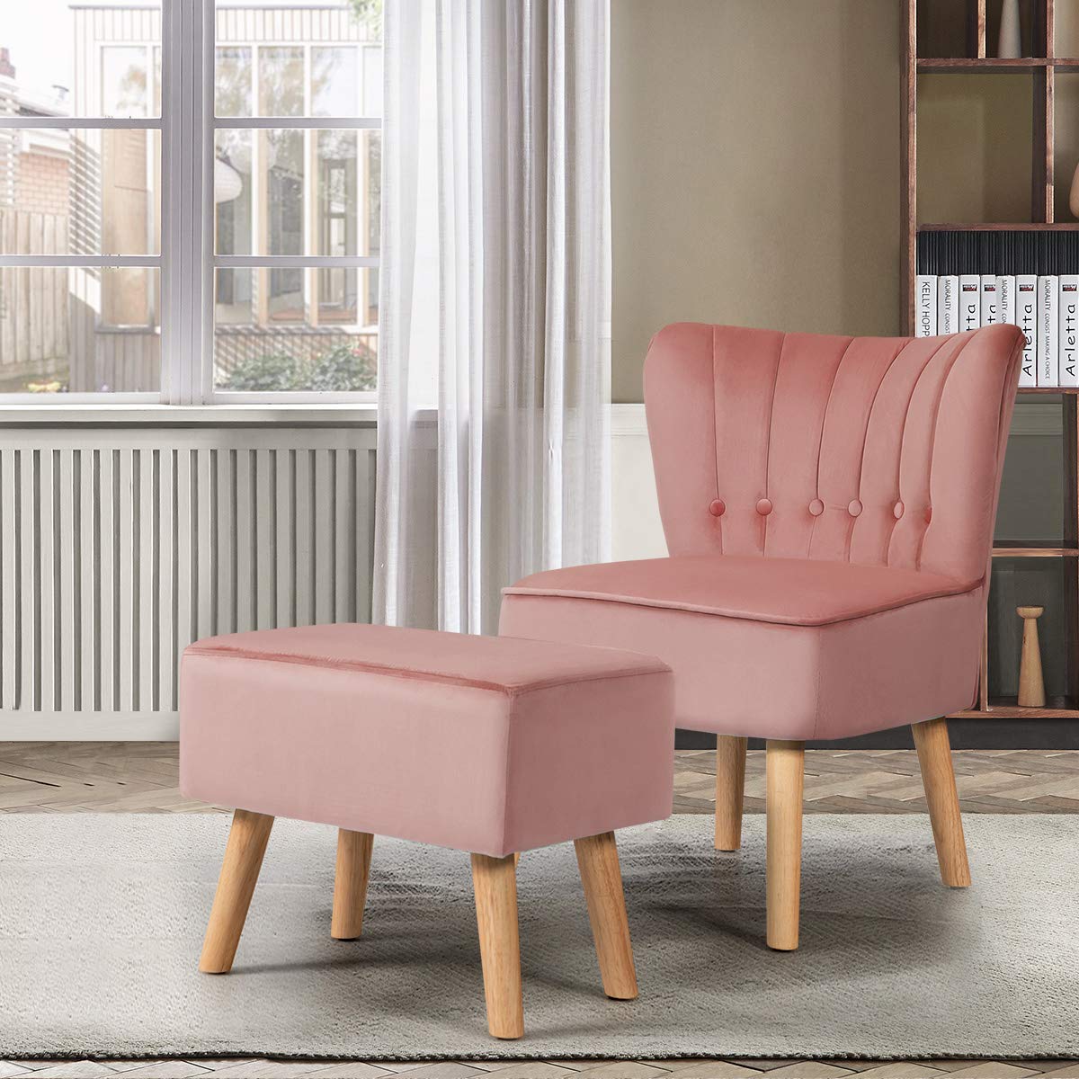 Modern Accent Chair Ottoman Set, Armless Slipper Sofa Chair with Footstool
