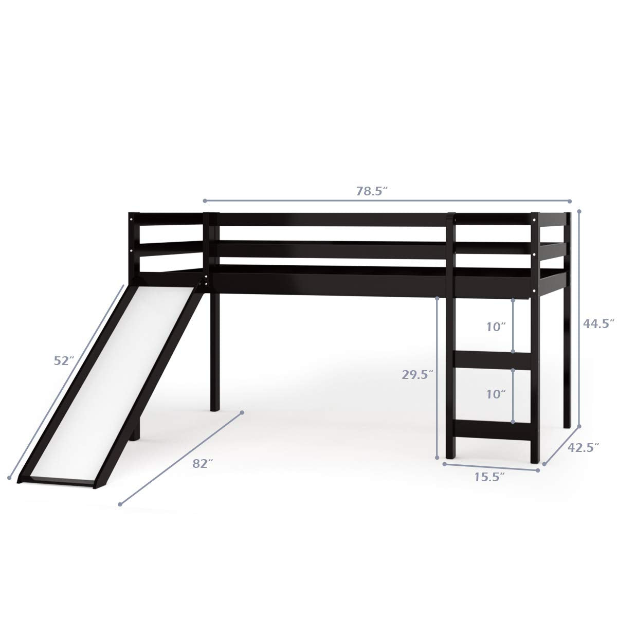 Twin Size Wood Low Loft Bed with Slide, Ladder & Guard Rail