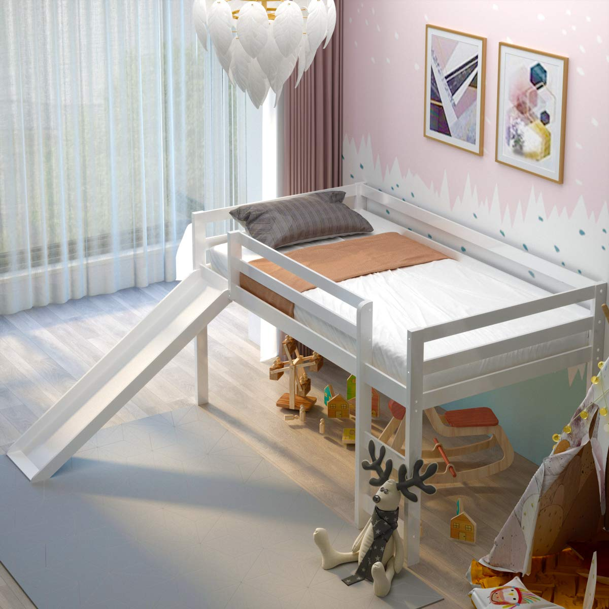 Twin Size Wood Low Loft Bed with Slide, Ladder & Guard Rail