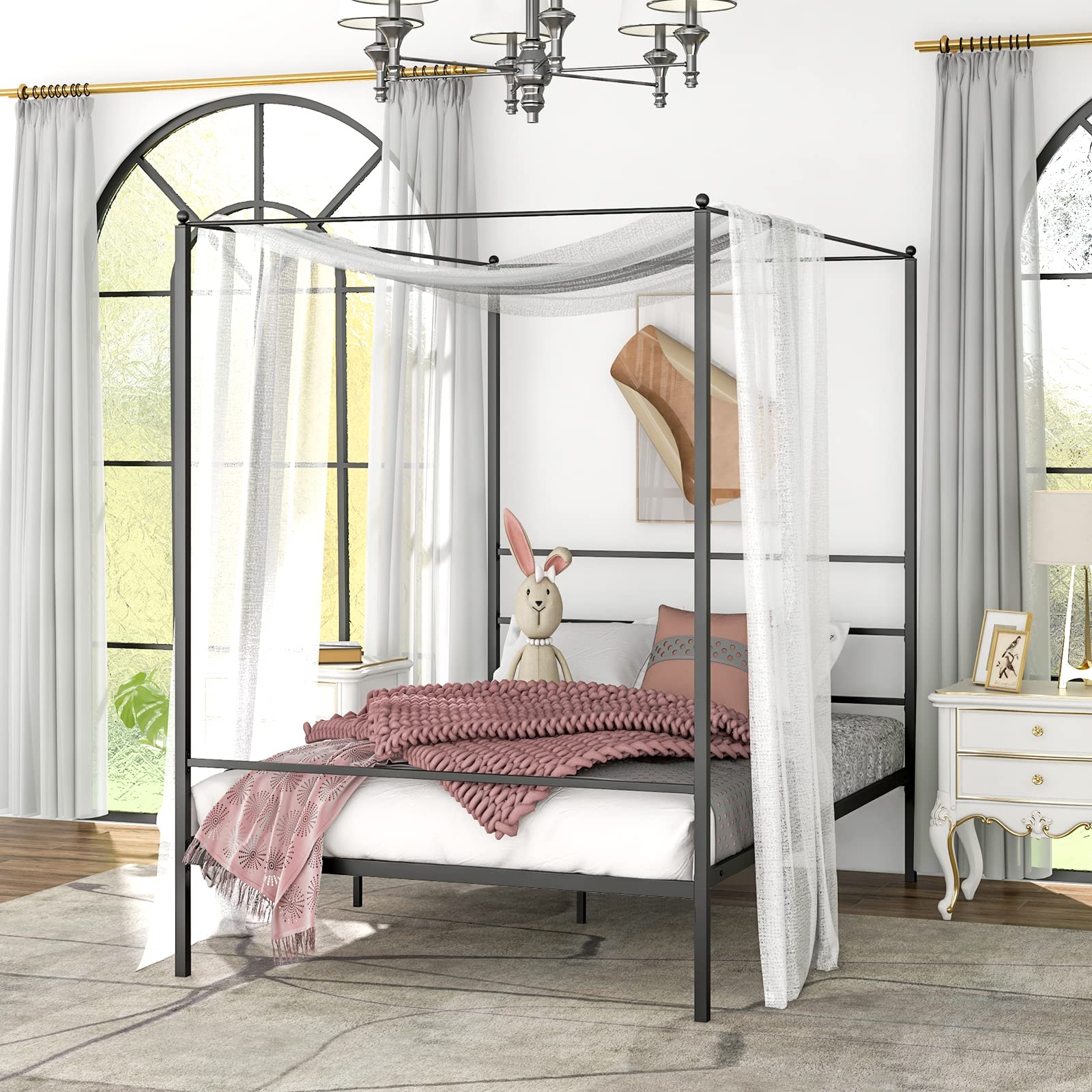 Metal Canopy Bunk Bed, Modern 4 Poster Canopied Platform Bed with Headboard