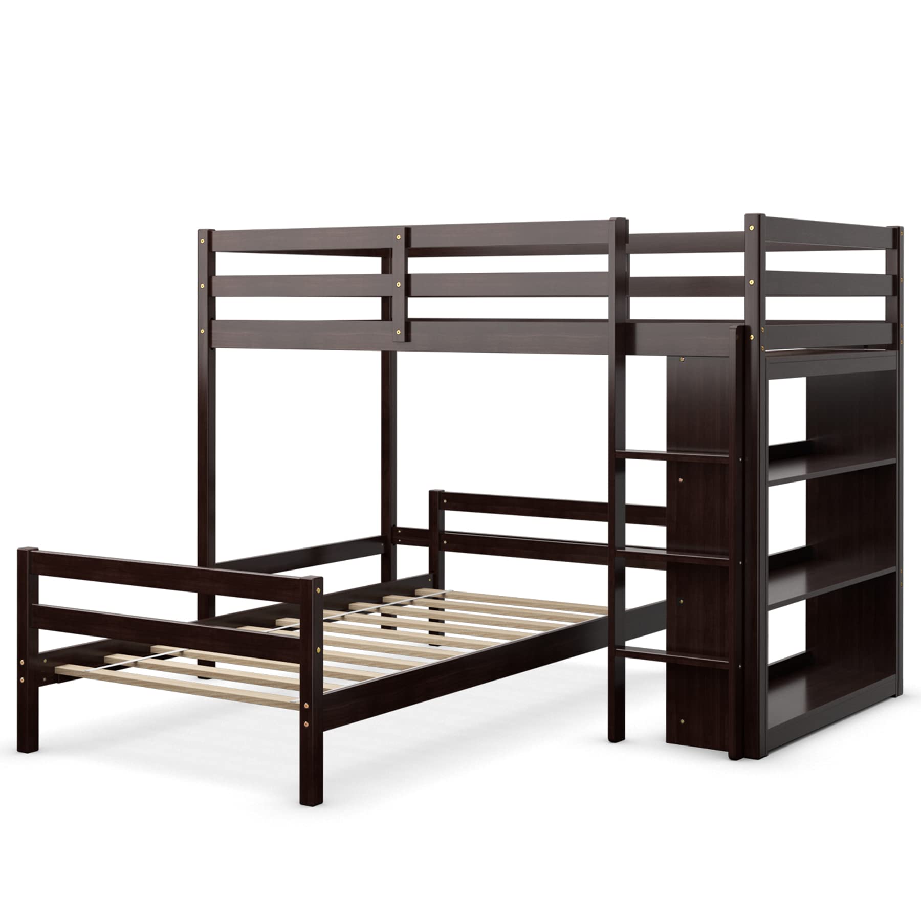 Twin Over Twin Bunk Bed, Convertible Wooden Loft Bed with 3-Tier Bookcase, Can be Separated into 2 Beds