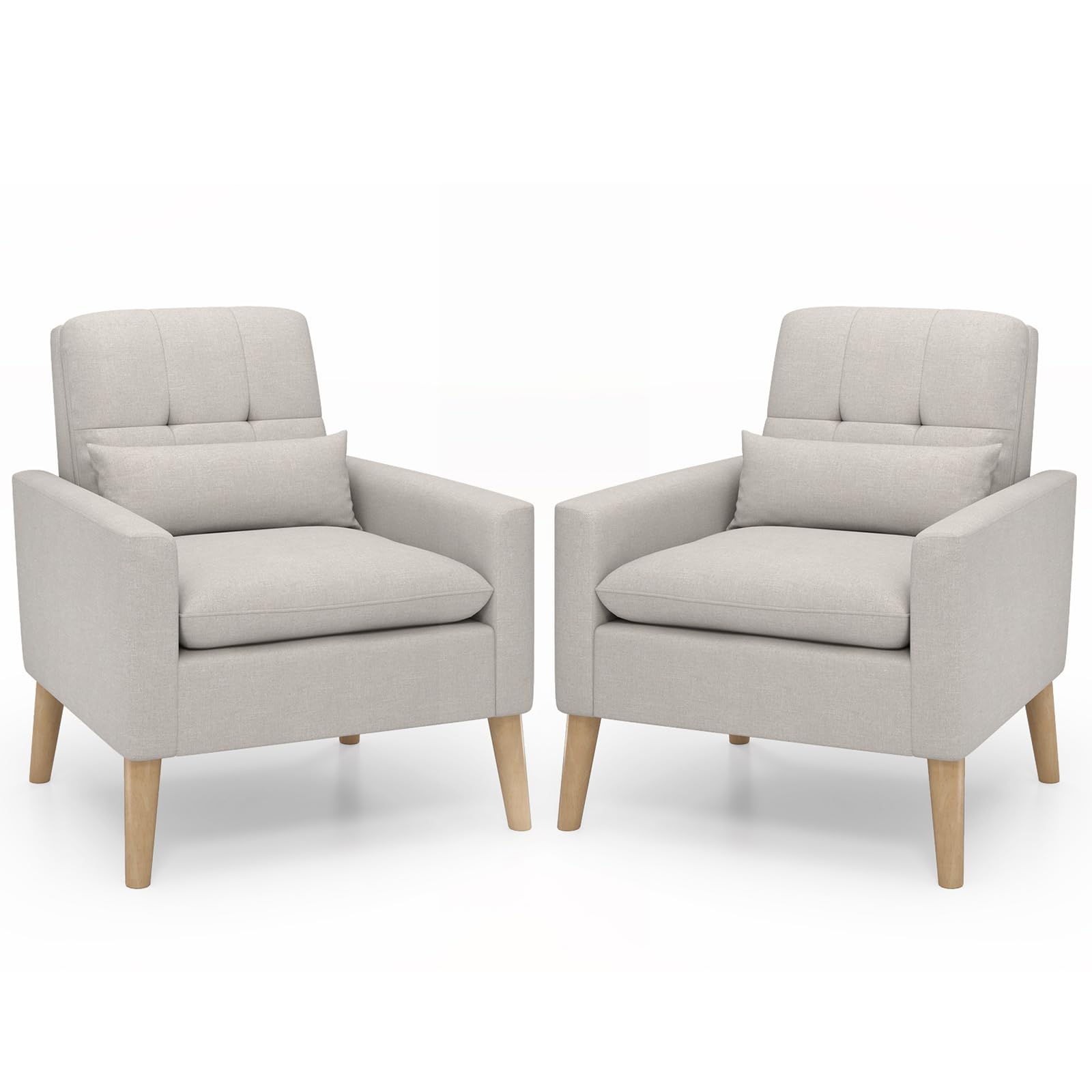 Modern Linen Accent Chair, Upholstered Tufted Armchair with Lumbar Pillow, Rubber Wood Legs, Padded Cushion