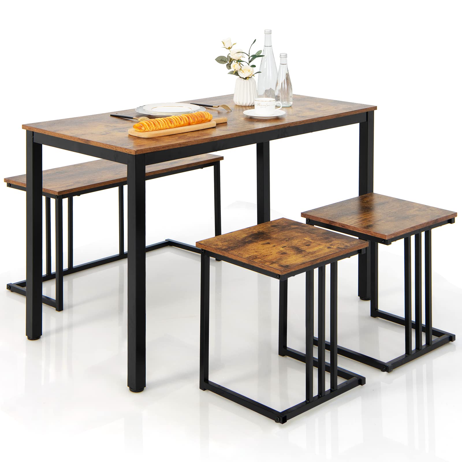 4 Piece Dining Table Set for 4 with Bench & 2 Stools, Space-Saving Desk Set
