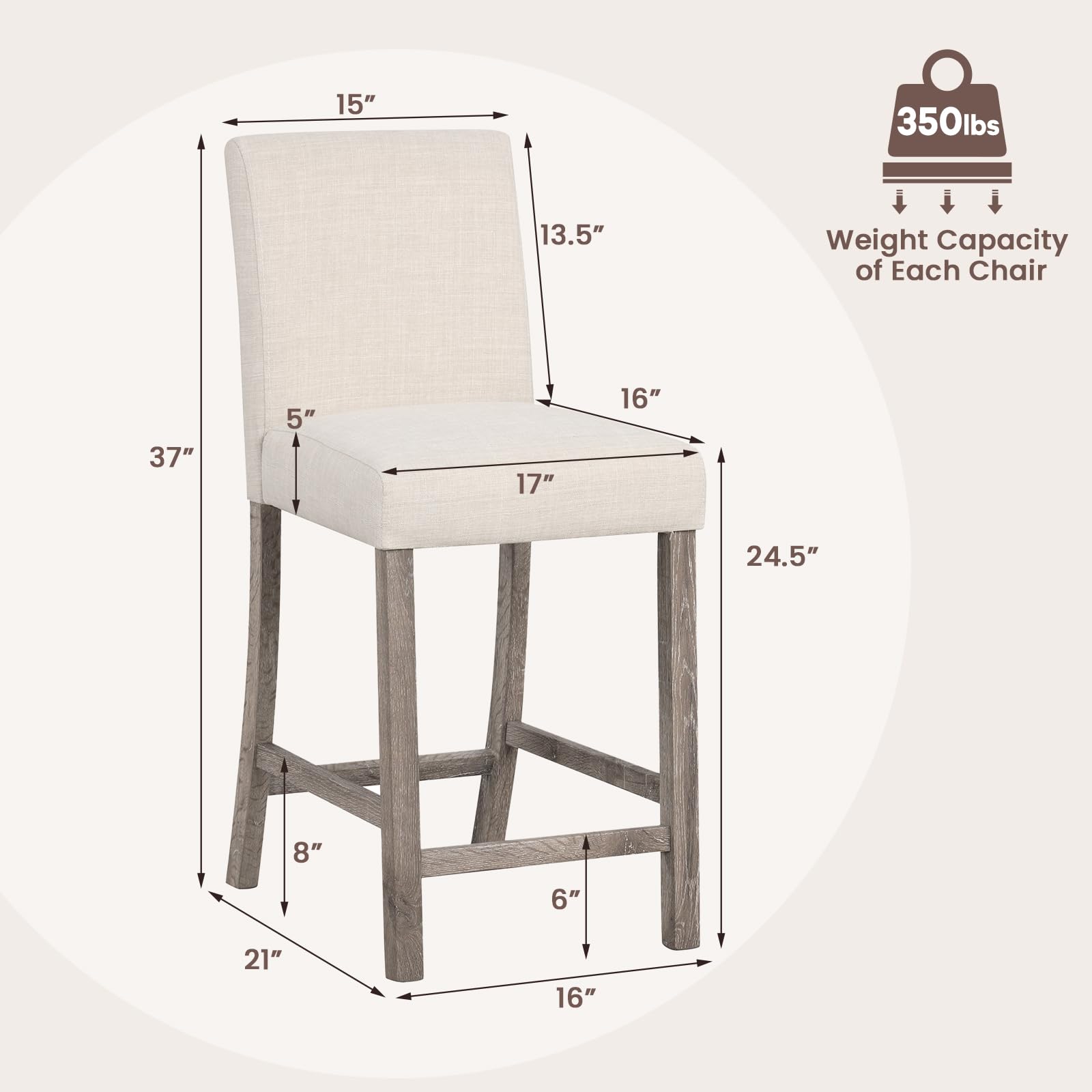 Upholstered Counter Height Bar Stools Set of 2/4 with Ergonomic Backrest, Solid Wood Frame
