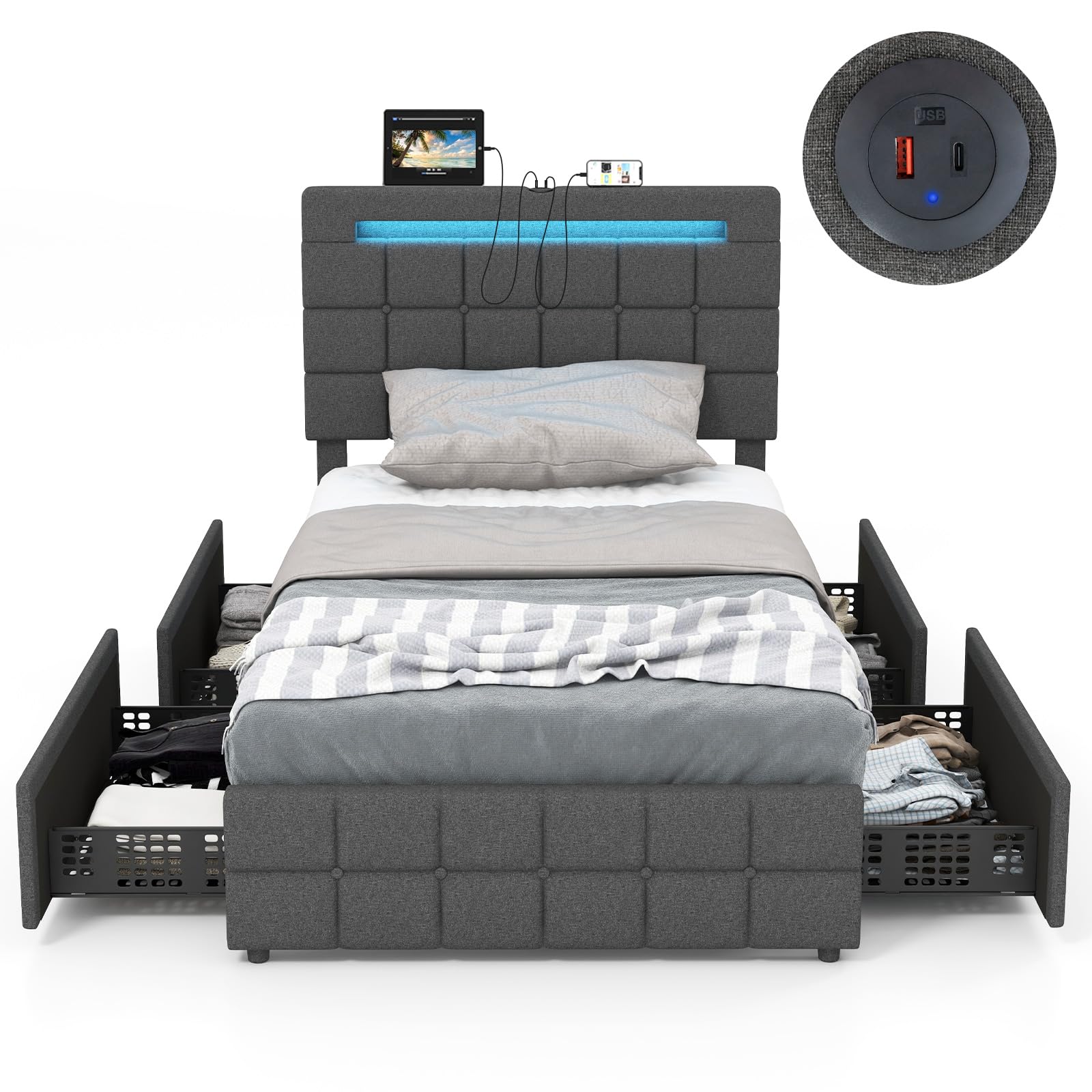 Upholstered Bed Frame with LED Lights and 4 Drawers, Height Adjustable Headboard with USB Ports