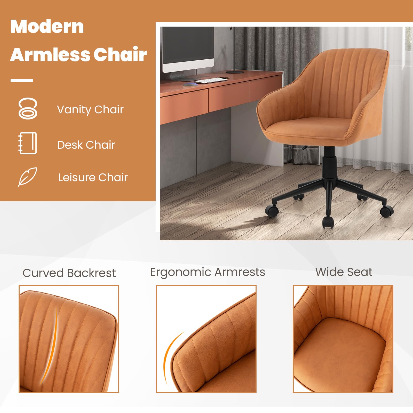 Leather Office Chair Brown, Mid Century Desk Chair with Wheels and Ergonomic Armrests