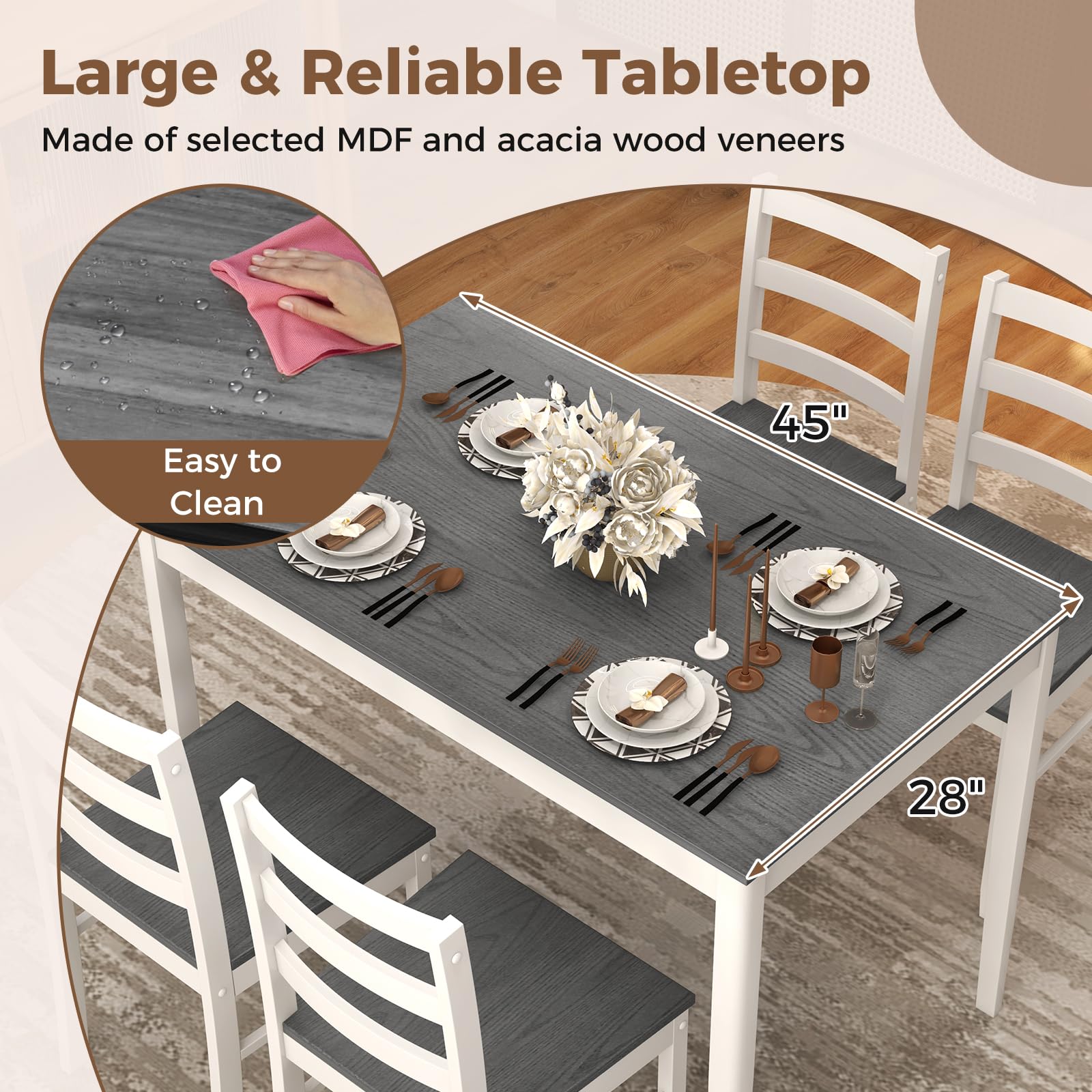 Dining Table Set for 4, Farmhouse Solid Wood Dining Set w/Rubber Wood Legs