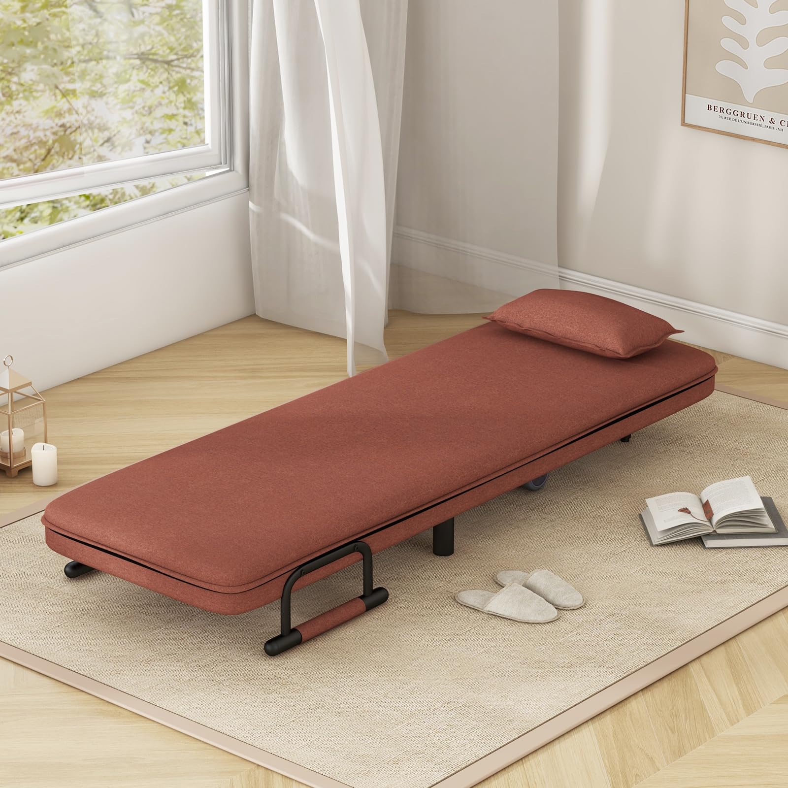 Convertible Chair Bed with 5-Position Adjustable Backrest & Lumbar Pillow, 2 Hidden Metal Legs & 2 Lockable Casters