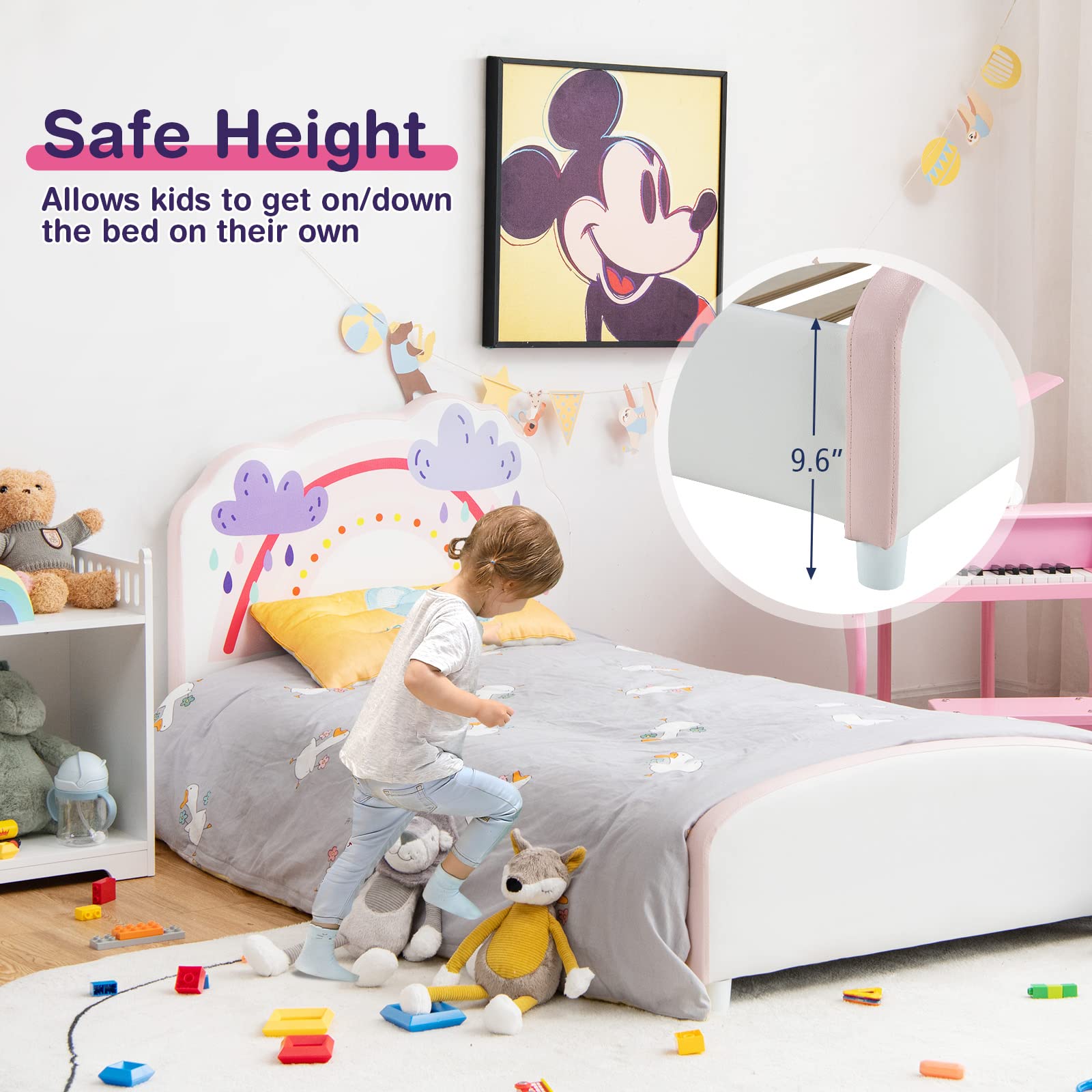 Kids Bed, Toddler Upholstered Platform Floor Bed w/Headboard & Wooden Slat Base