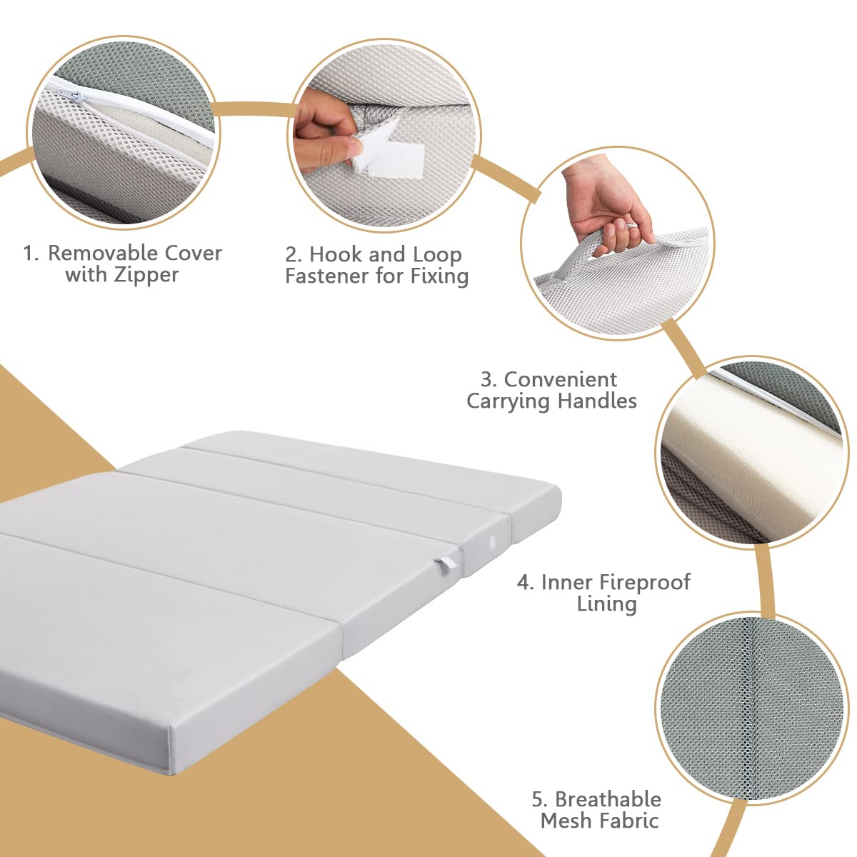 4 Inch Tri Folding Mattress, Foam Mattress with Carrying Handles and Removable Washable Fabric