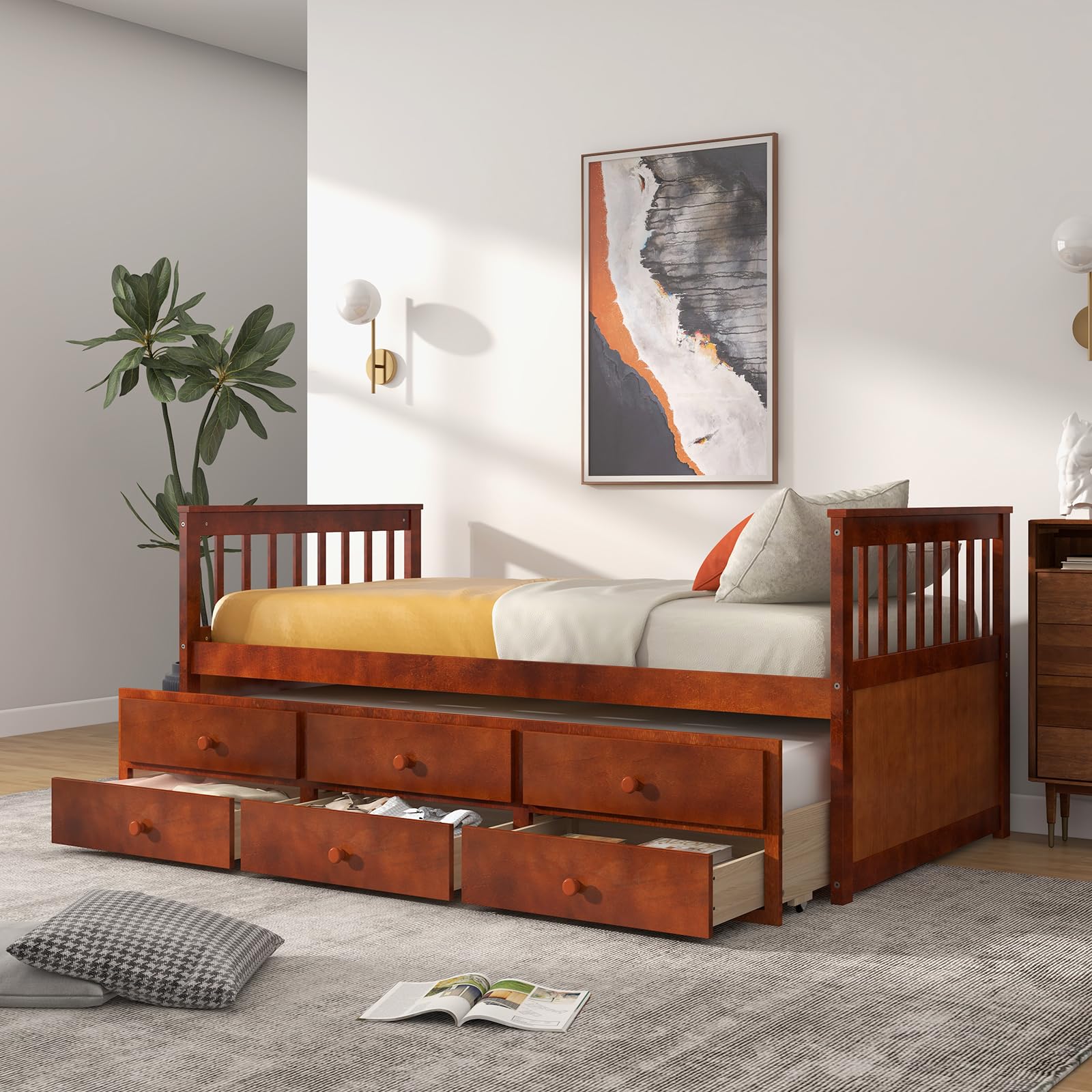 Twin Size Wooden Captain Daybed with Trundle and 3 Storage Drawers