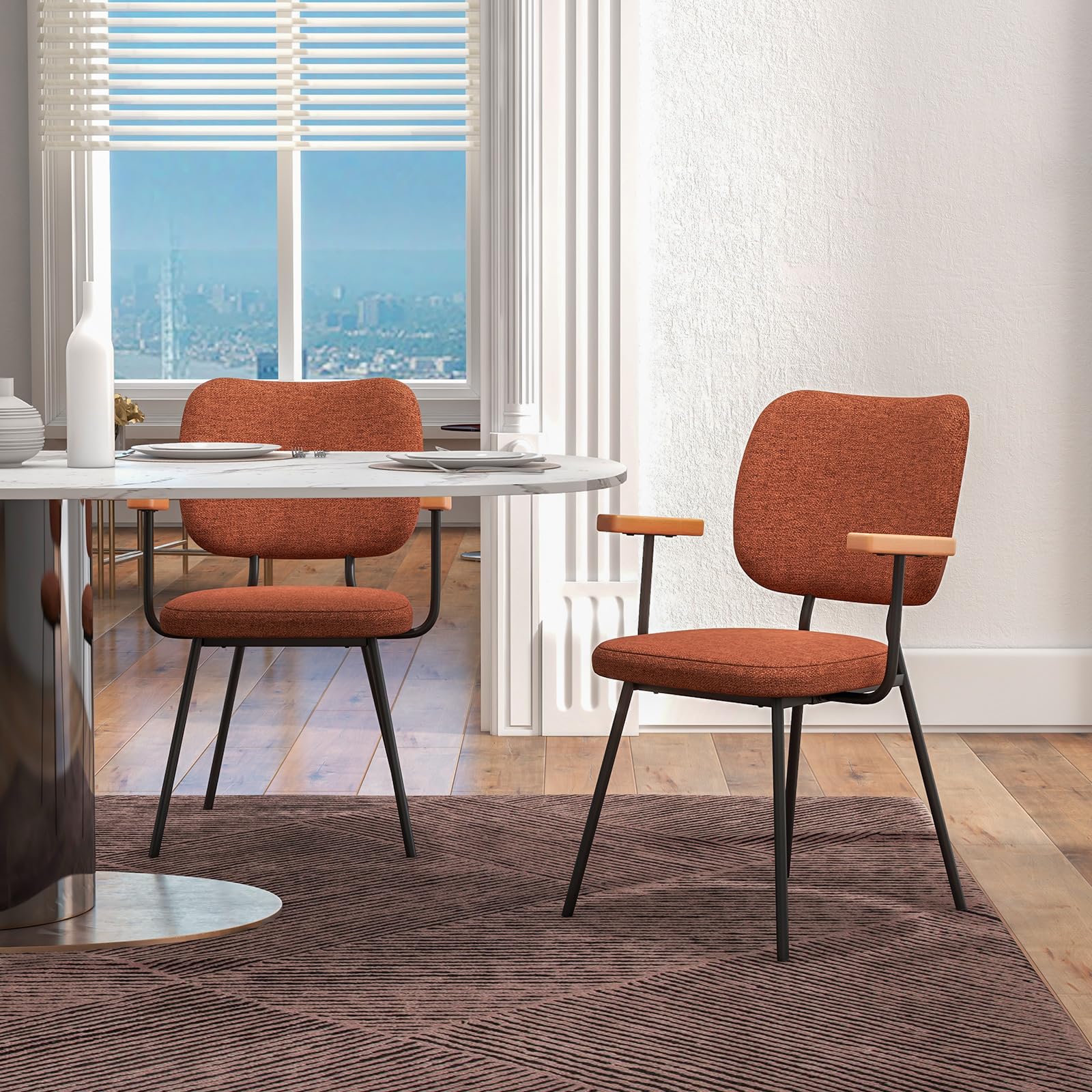 Modern Fabric Dining Chair Set of 2/4, Padded Armchairs with Linen Fabric, Sturdy Metal Legs, Curved Backrest