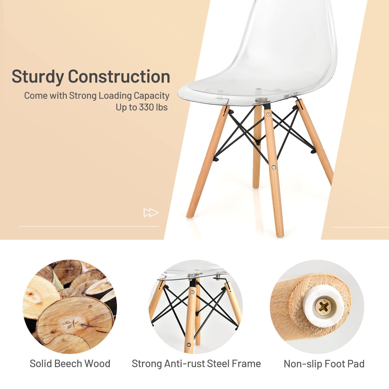 Clear Acrylic Dining Chairs Set of 4 with Beech Wood Legs