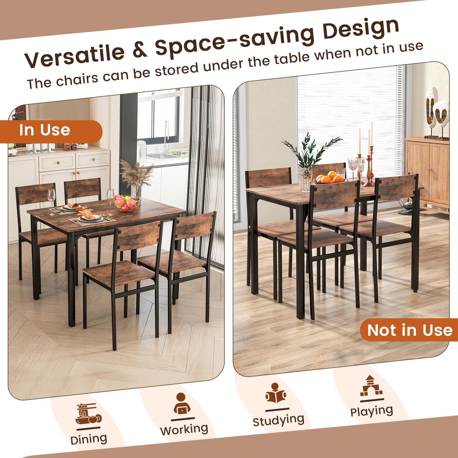5-Piece Dining Table Set, Industrial Kitchen Table and Chairs for 4 with Backrest and Metal Frame