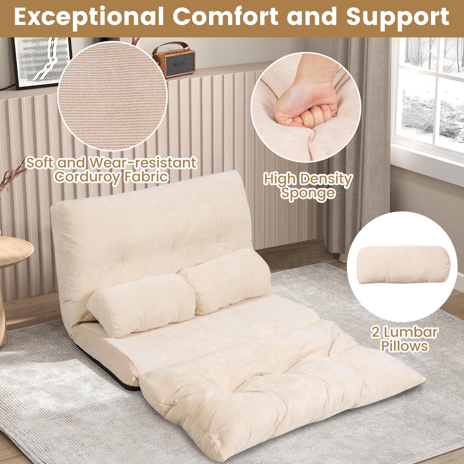 Foldable Floor Lazy Sofa with 2 Pillows
