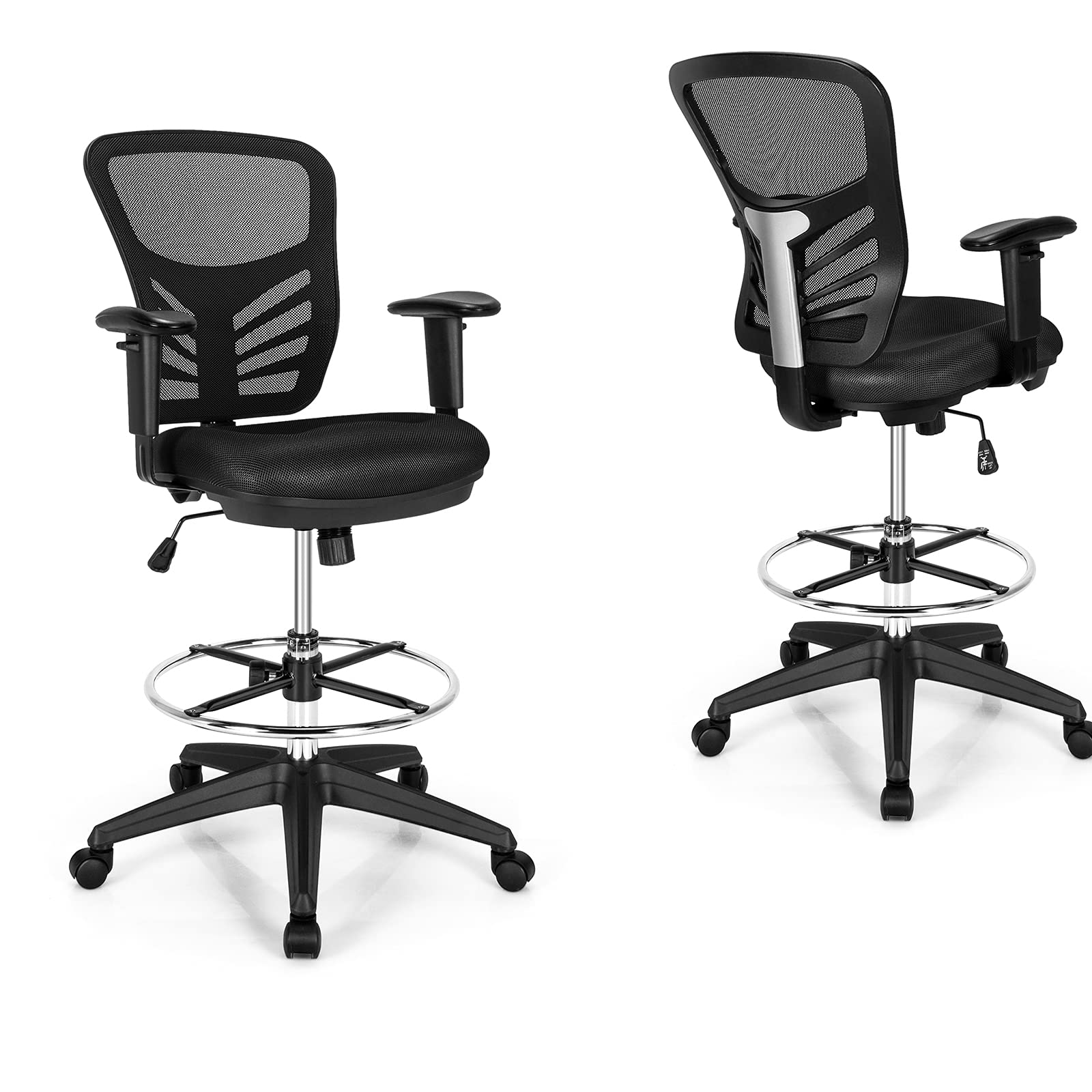 Drafting Chair, Standing Desk Chair with Lumbar Support, Footrest Ring & Armrests