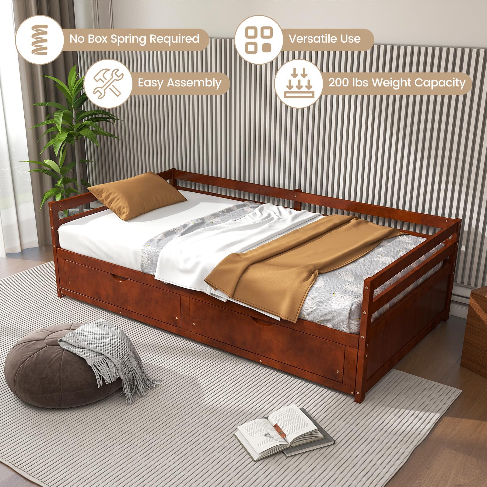 Wood Daybed with Trundle, Extendable Twin to King Daybed Frame with 2 Storage Drawers