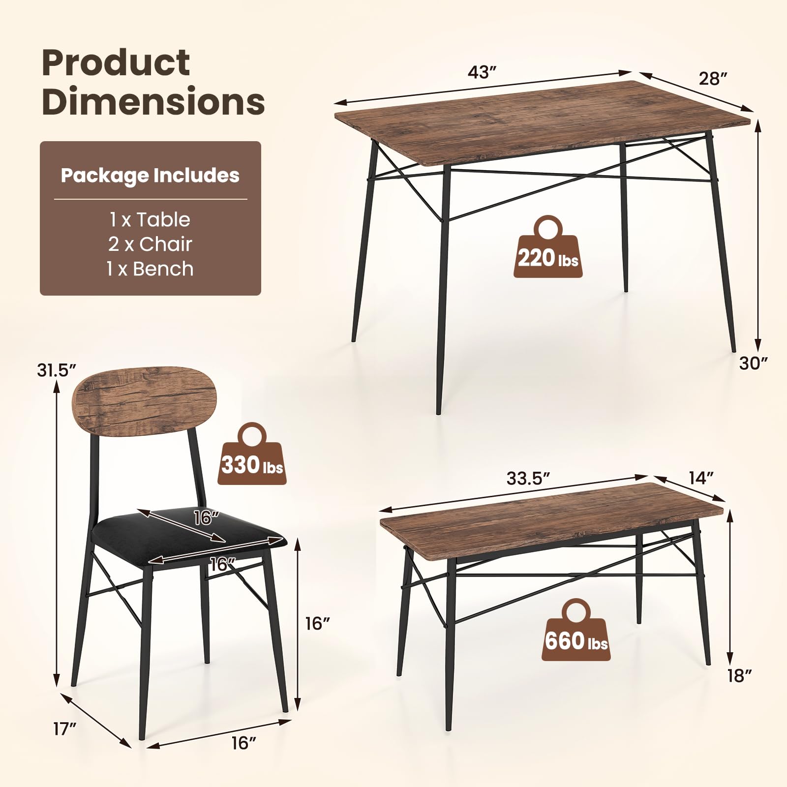 Dining Table Set for 4, Mid-Century Kitchen Furniture Set w/Kitchen Table, Bench & 2 Upholstered PVC Leather Chairs