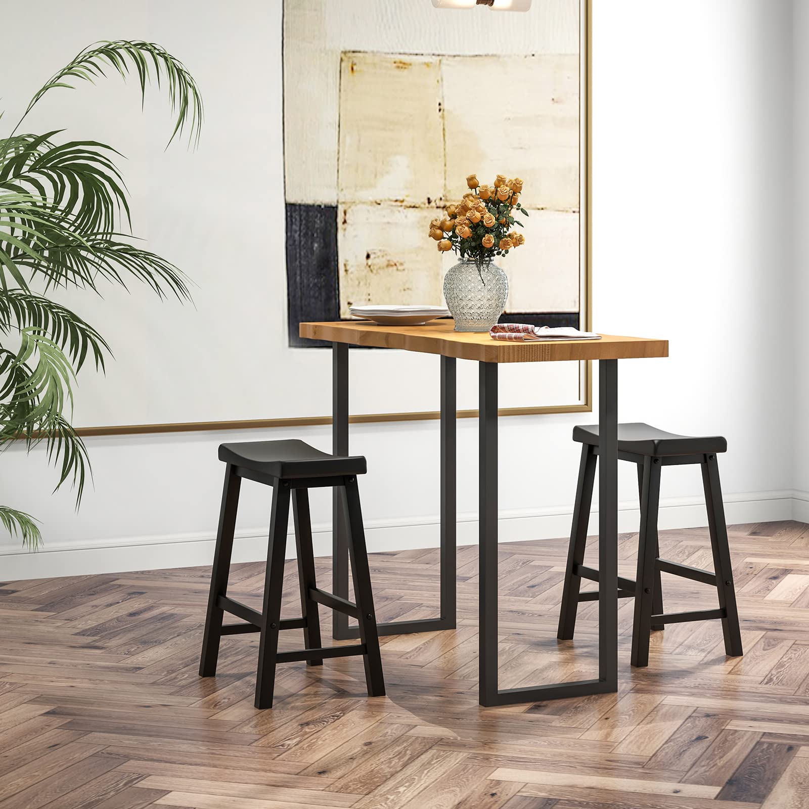 Saddle Stools Set of 2/4, 24-inch Counter Height Barstools with Solid Wood Legs & Footrests