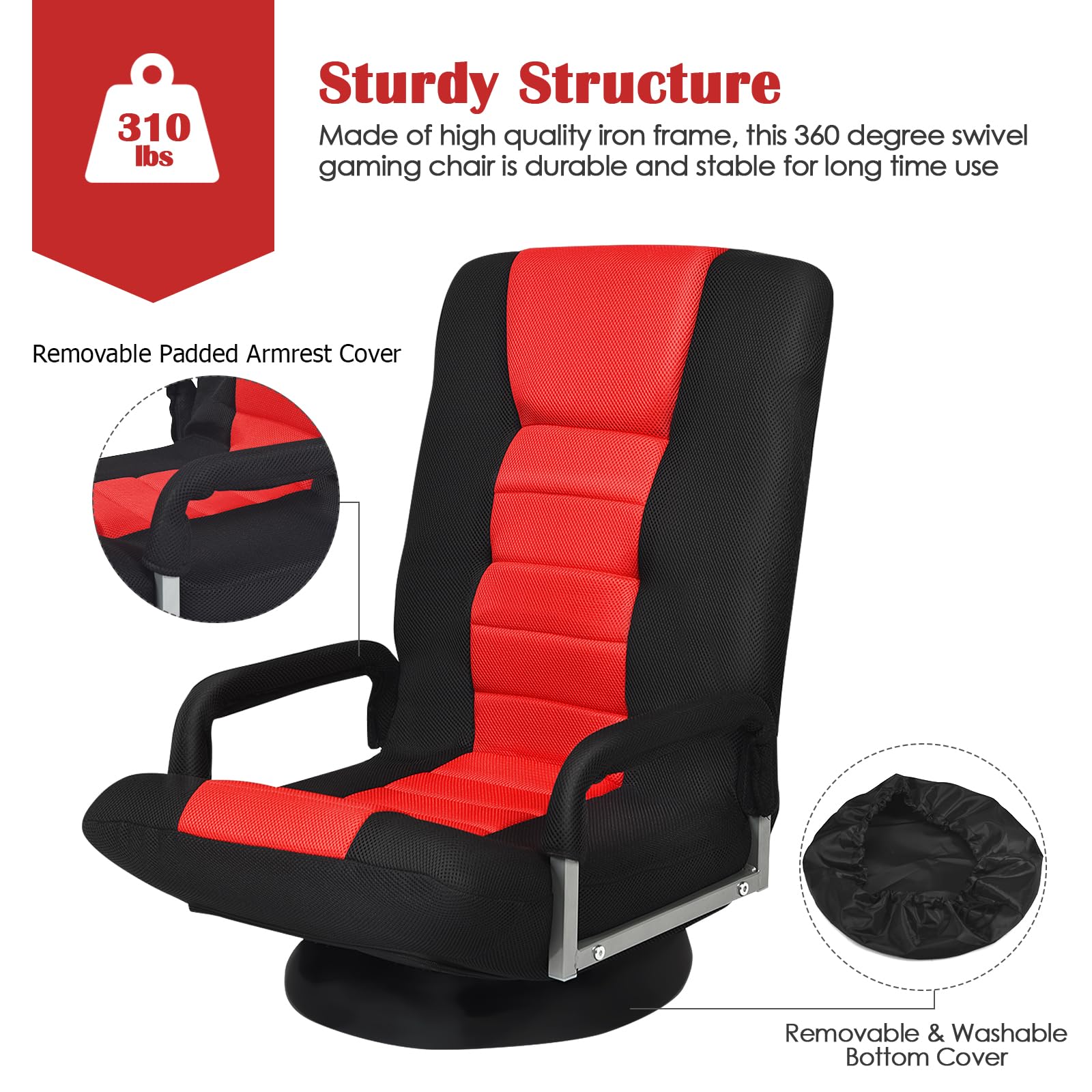 360-Degree Foldable Swivel Gaming Floor Chair With 6 Adjustable Position, Armrests, Padded Backrest