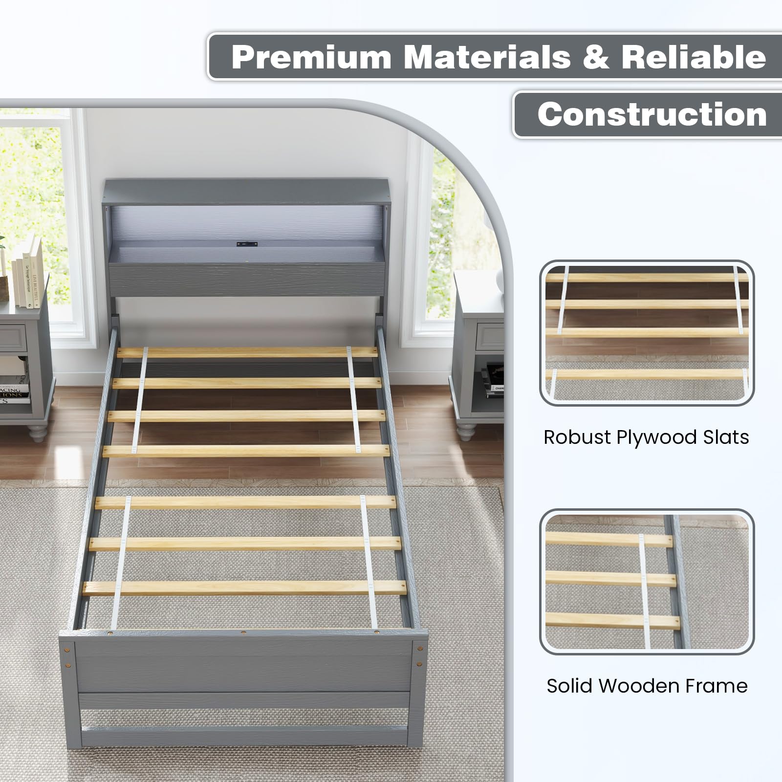 Twin Size Wood Platform Bed Frame with Charging Station & LED Light