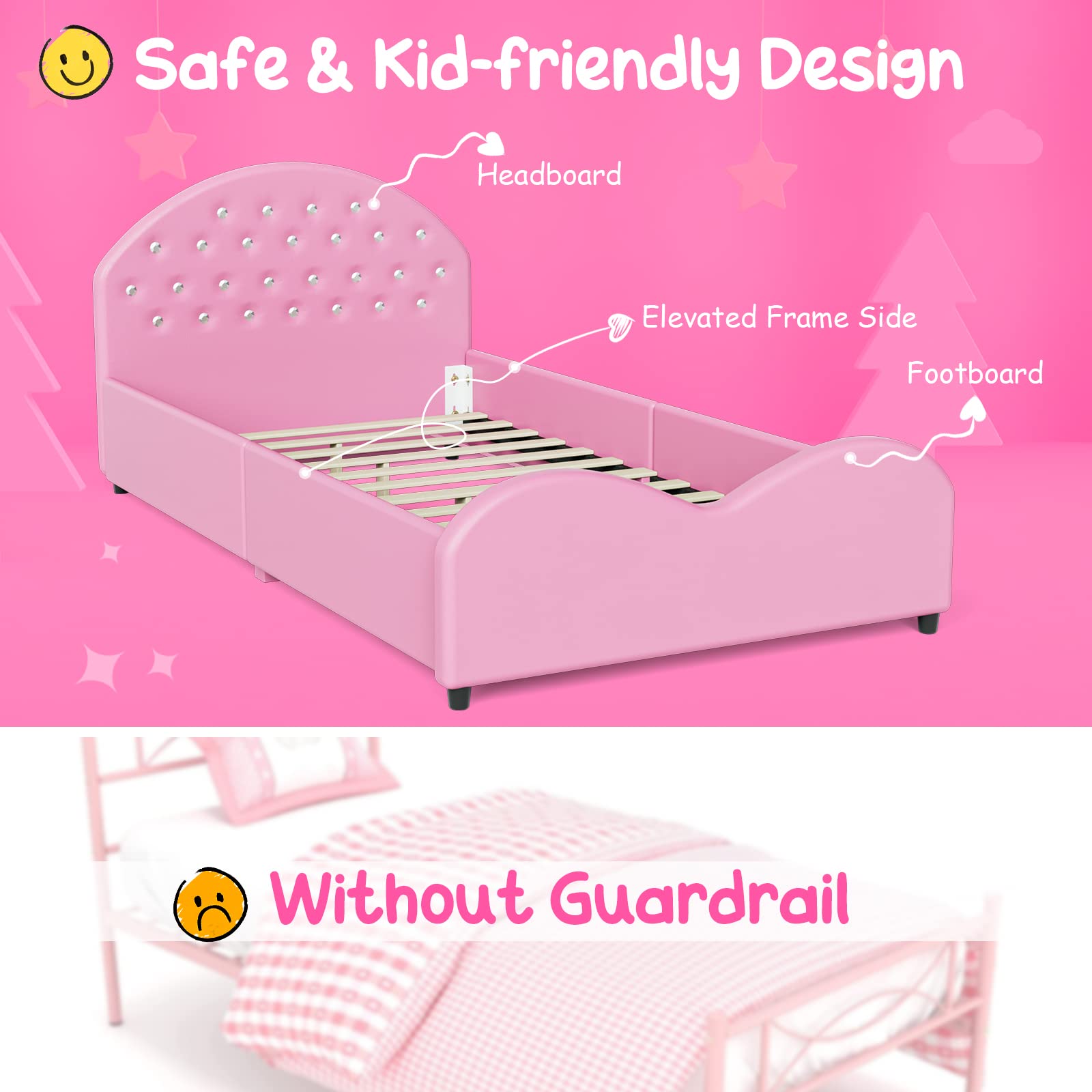 Kids Twin Bed Frame with Headboard, Toddler Upholstered Platform Bed with Slatted Bed Base