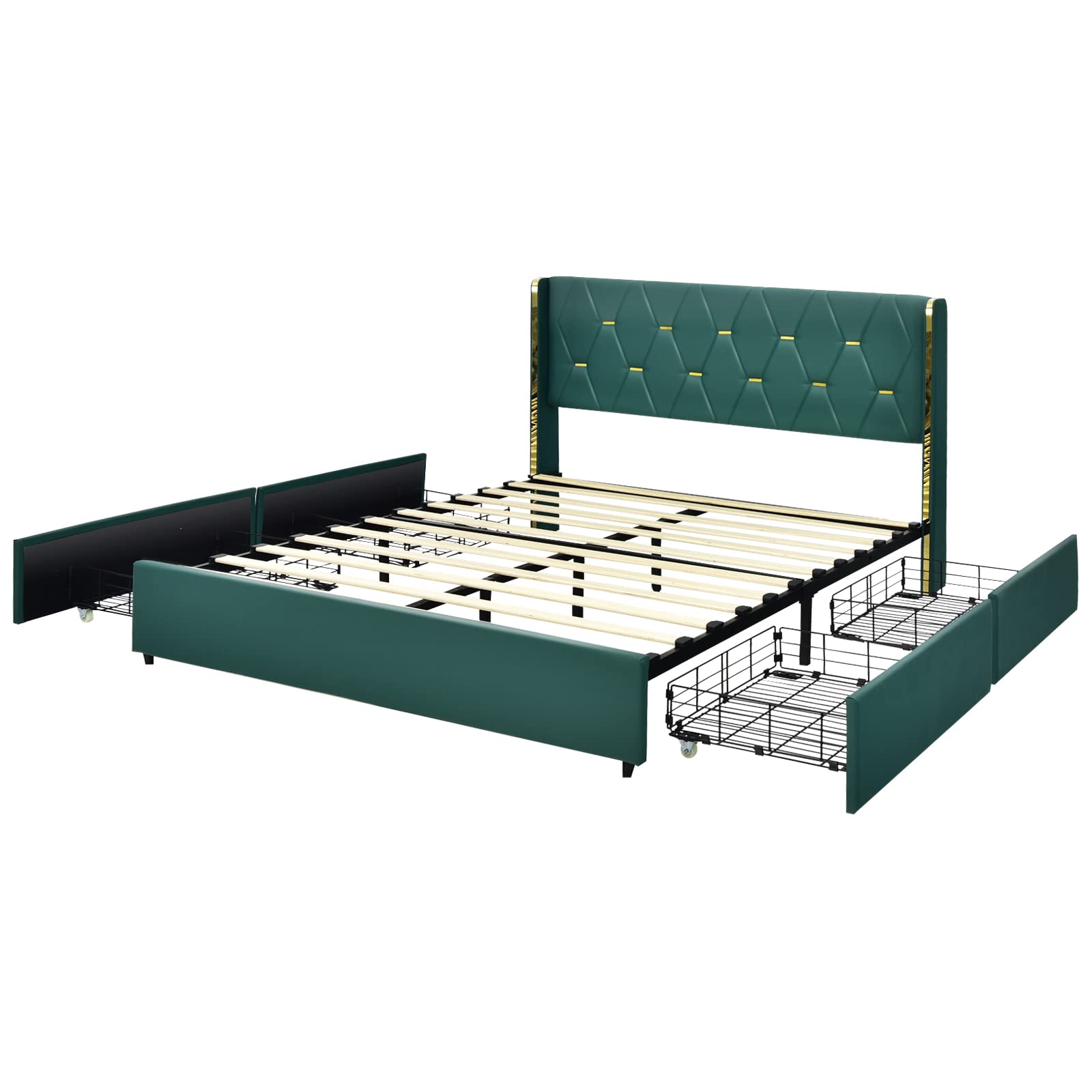 Full/Queen Upholstered Bed Frame with 4 Rolling Storage Drawers, Space Saving PU Leather Bed Frame