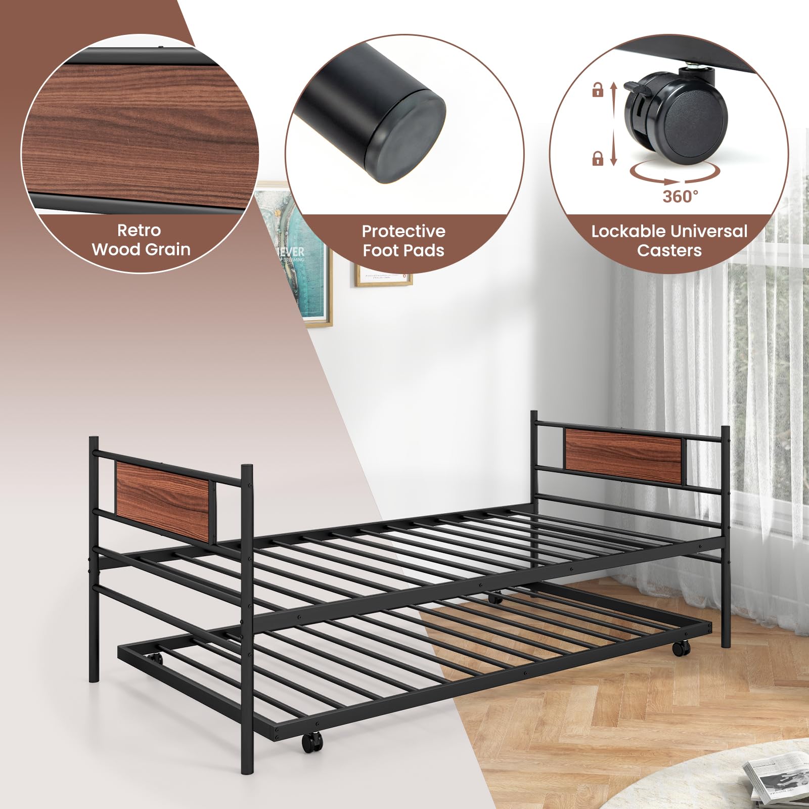Twin Size Metal Daybed with  Trundle, Wood Grain Headboard & Metal Slat Support