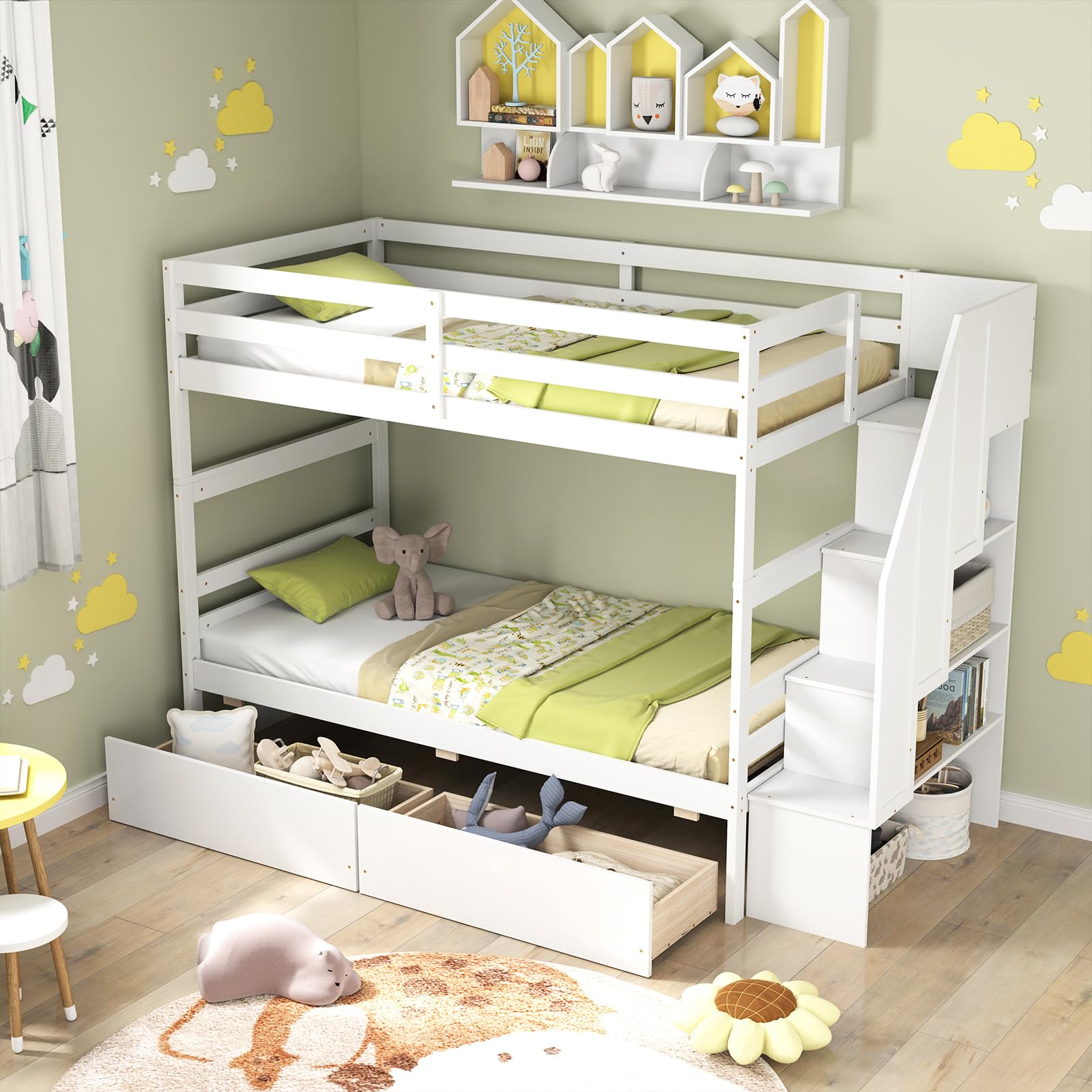 Wood Twin Over Twin Bunk Bed with 2 Storage Drawers & Stairs