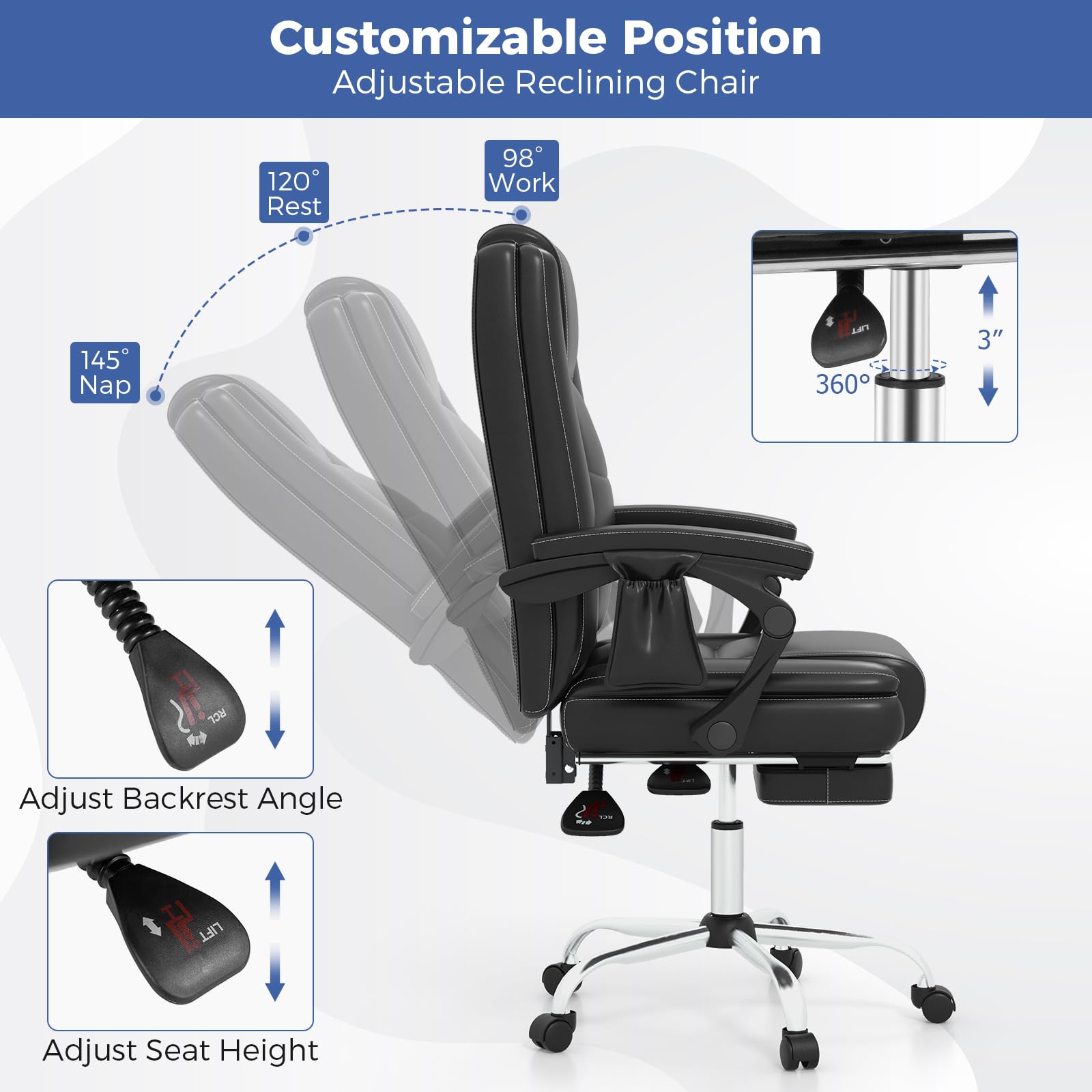 Massage Adjustable Executive Chair - 400 LBS Big and Tall Office Chair with Linkage Armrests