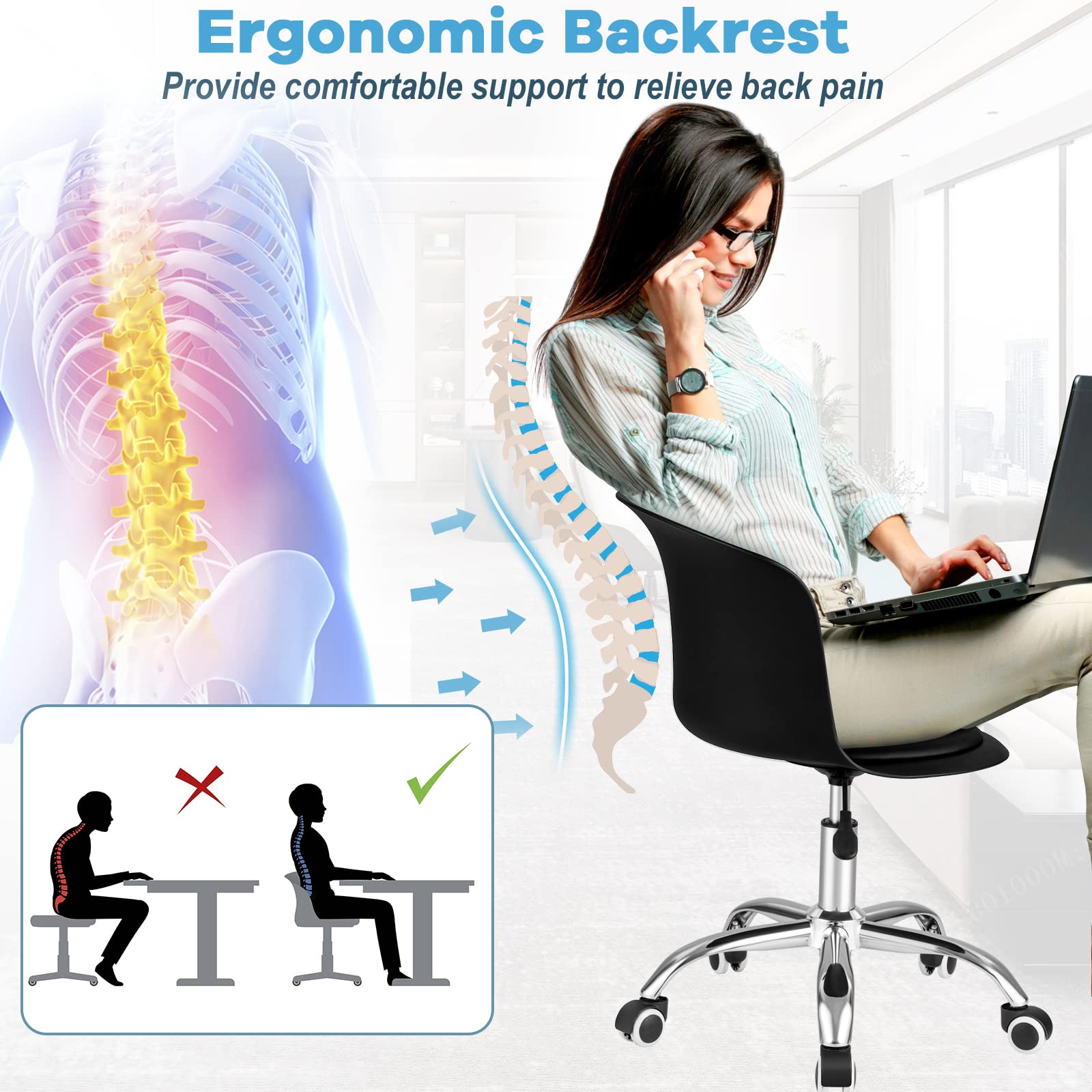 Home Office Desk Chair Set of 2/4, Armless Plastic Swivel Rolling Task Chair w/Soft PU Leather Cushion & Universal Casters