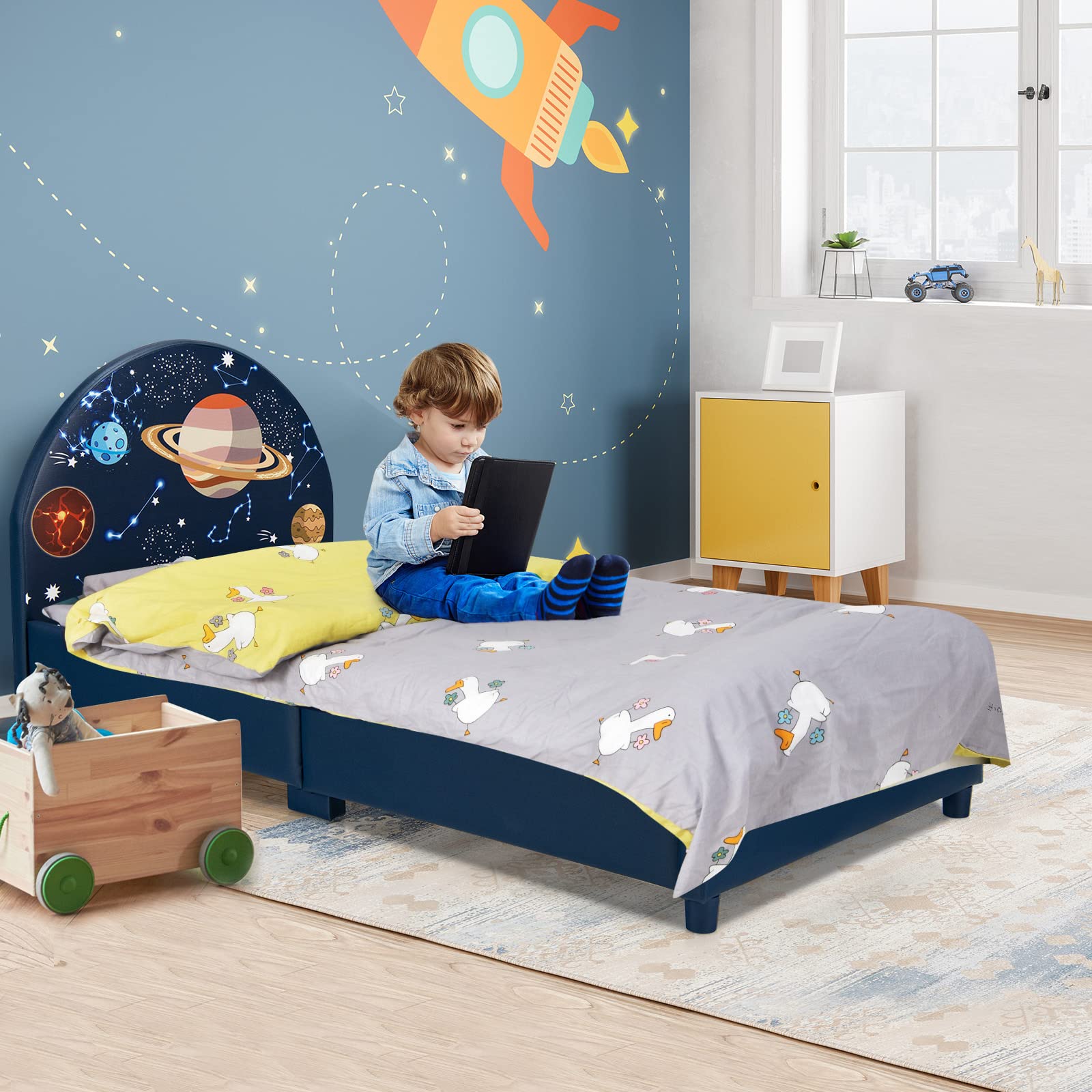 Kids Bed, Toddler Upholstered Platform Floor Bed w/Headboard & Wooden Slat Base