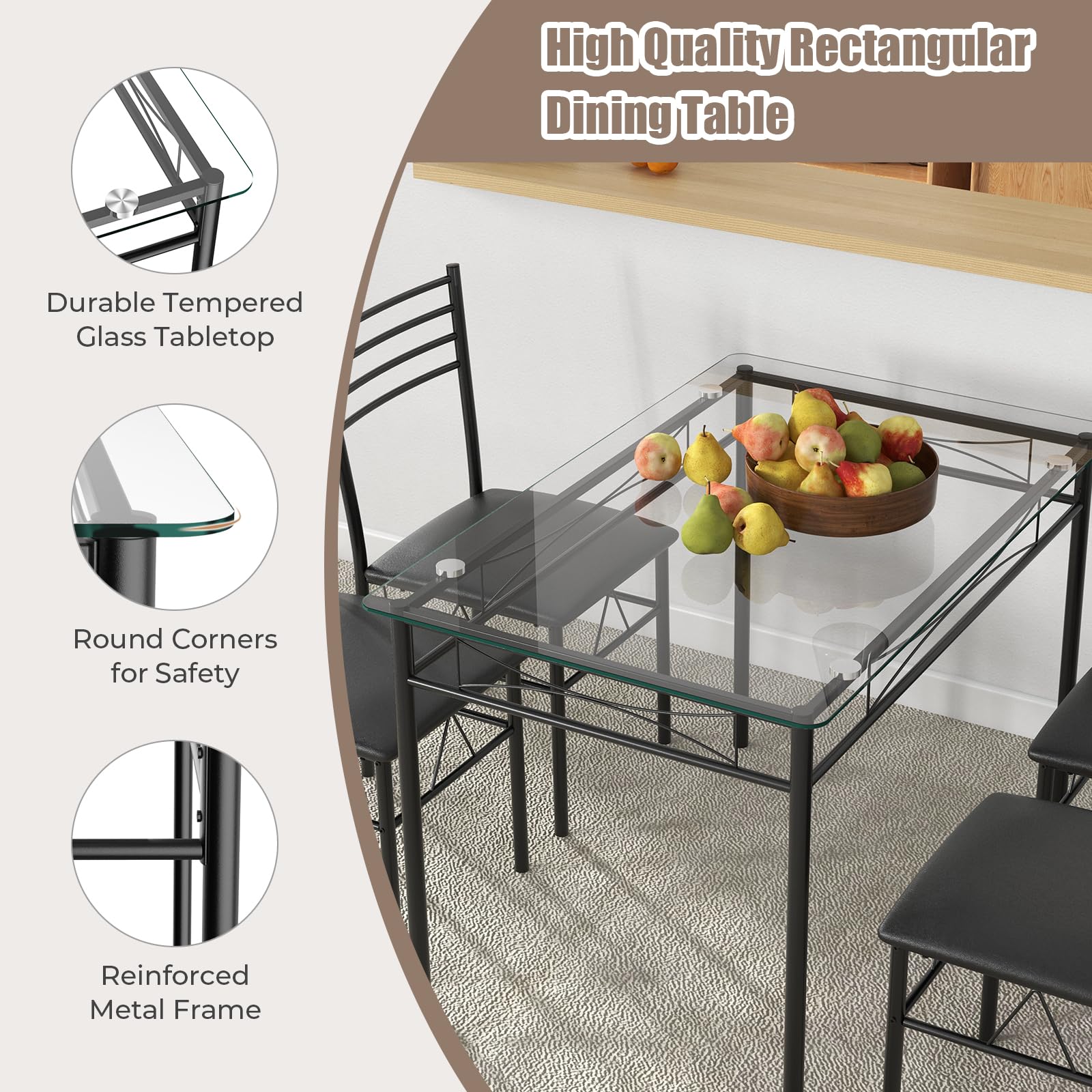 5 Piece Dining Table Set with Tempered Glass Table Top and 4 Upholstered Chairs