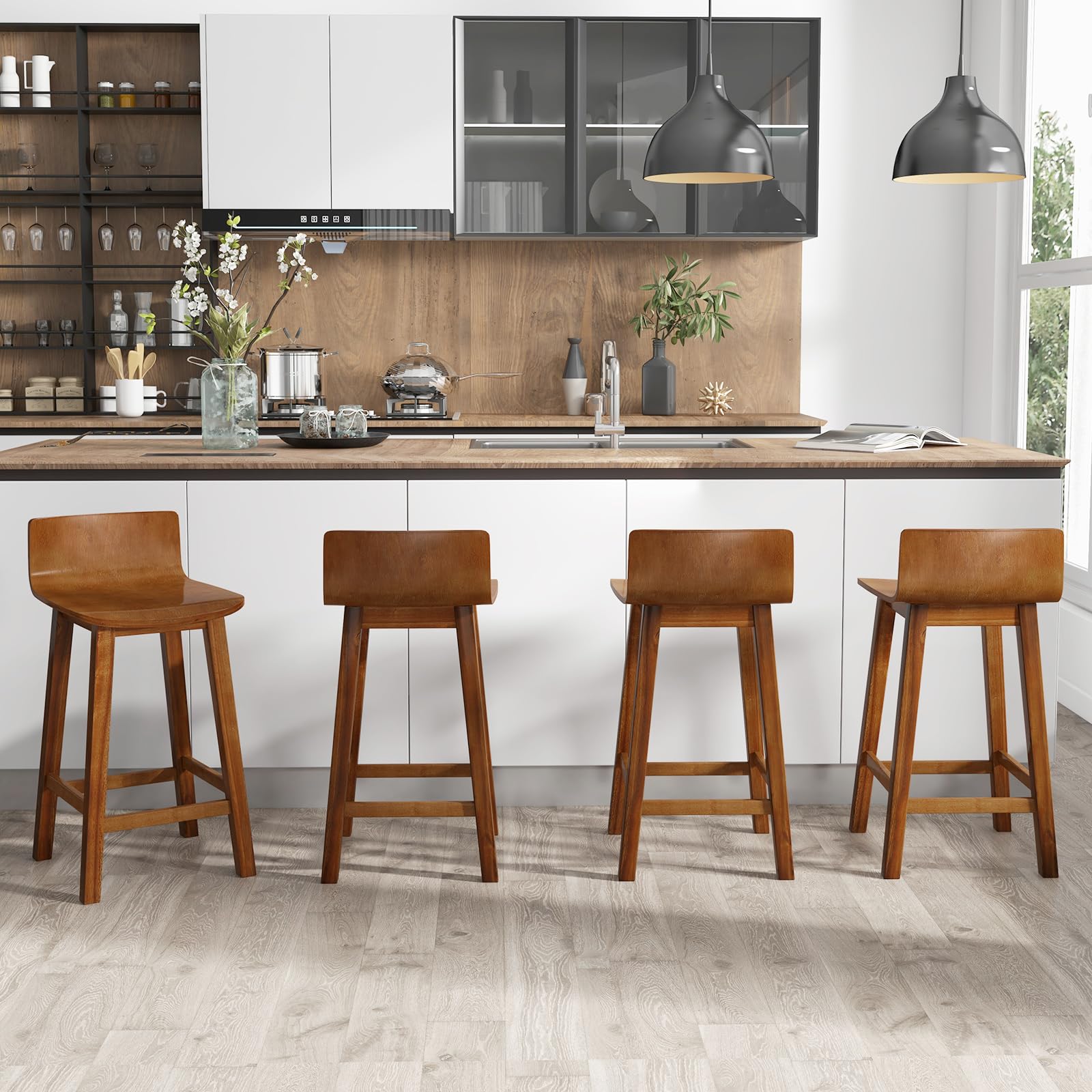 Solid Wood Bar Stools Set of 2/4, Counter Height Chairs with Low Back and Footrest