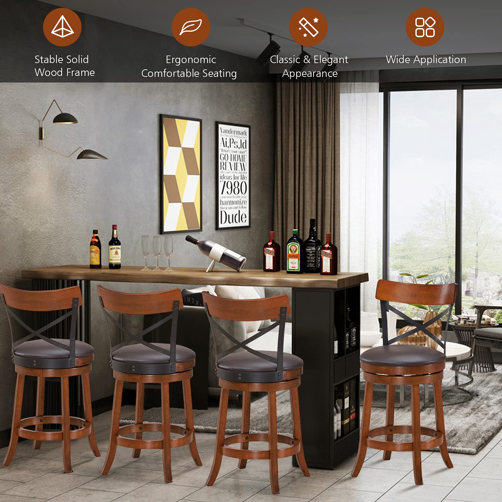 360-Degree Swivel Solid Wood  Bar Stool Set of 2/4 with Soft Cushion & Backrest