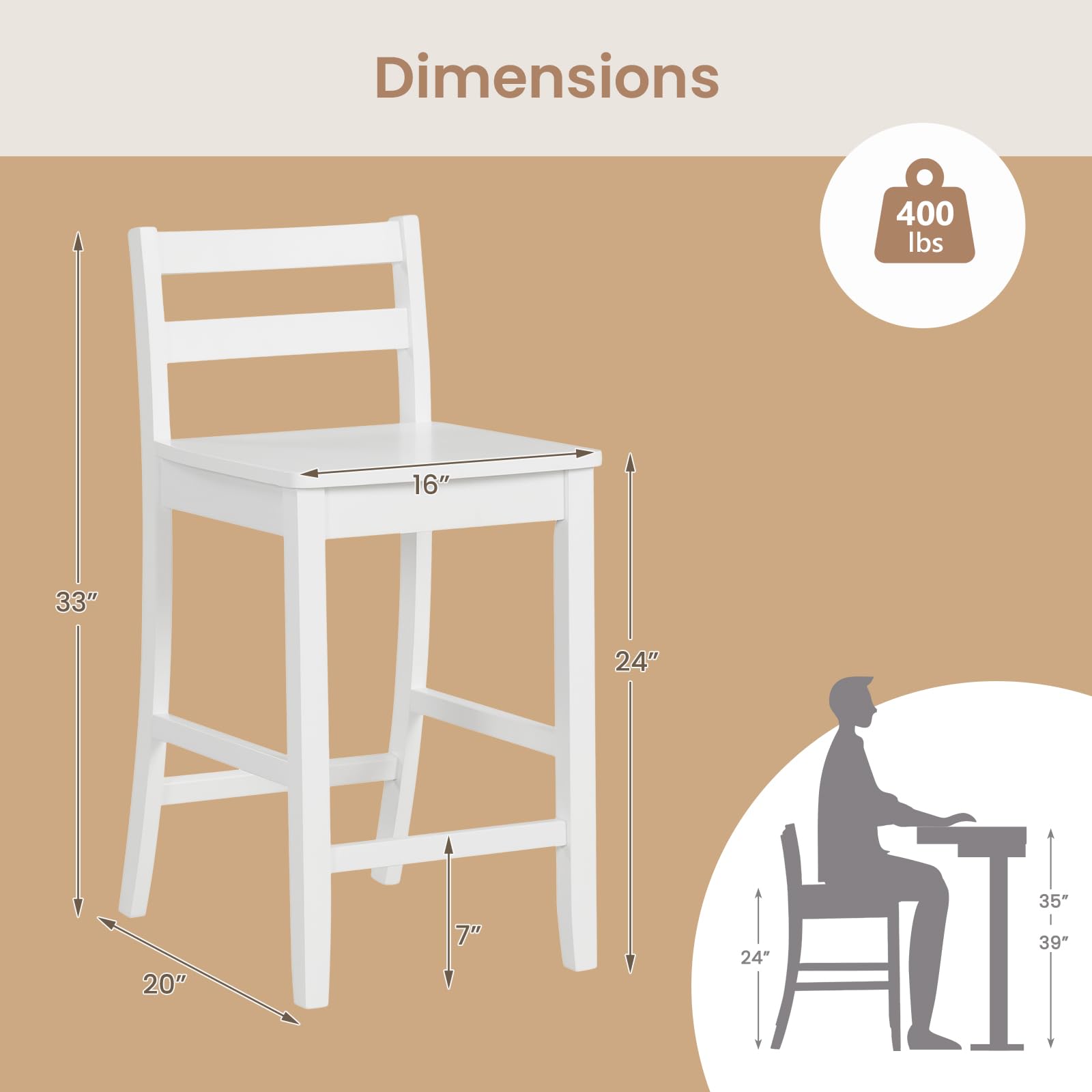 Wooden Bar Stools Set of 2/4, 24-Inch Counter Height Stools with Ergonomic Backrest & Footrest