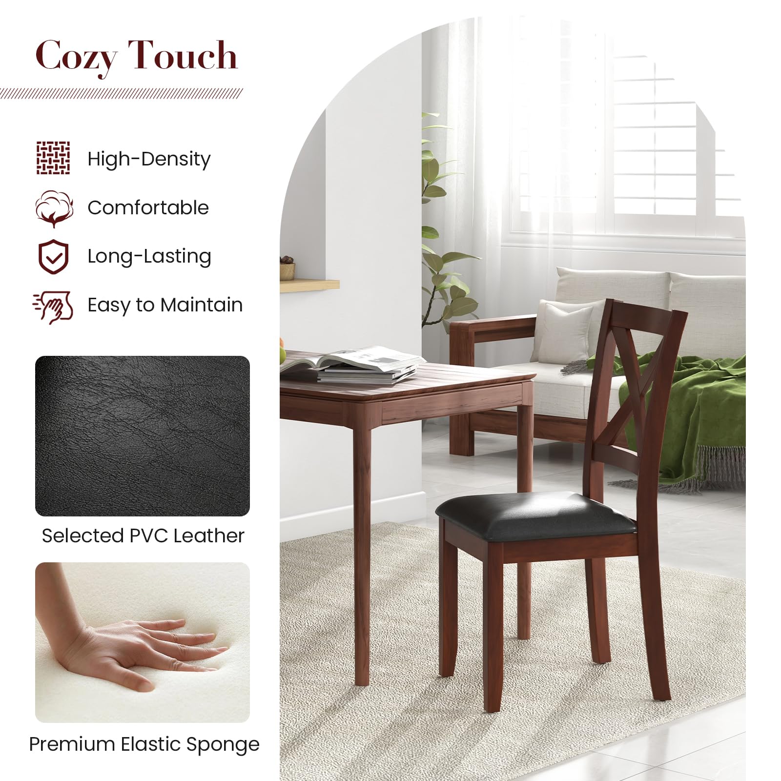 Wood Dining Chairs Set of 2/4, Faux Leather Upholstered Dining Chairs with Rubber Wood Legs