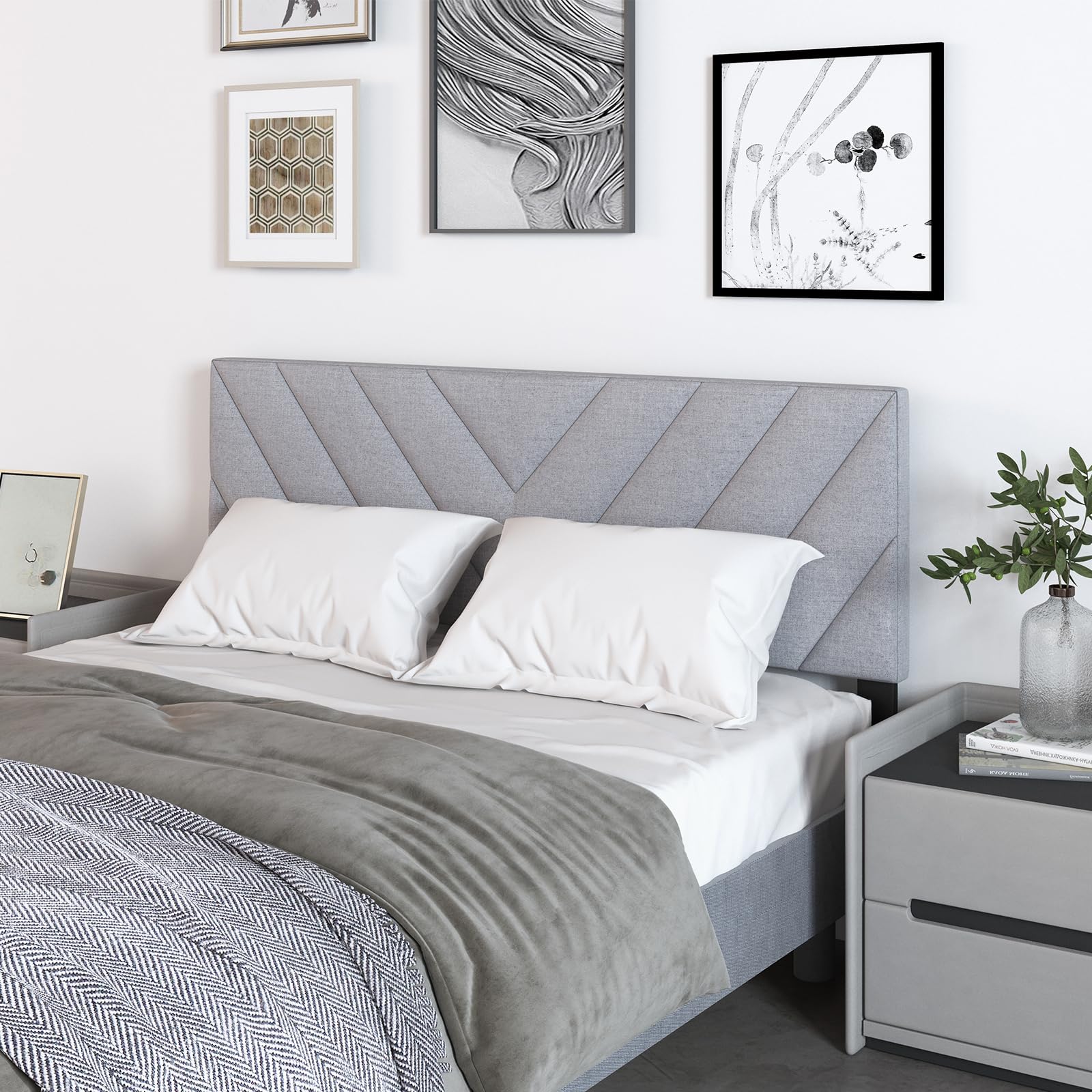 Linen Fabric Upholstered Headboard for Full/Queen Size Bed, Gray