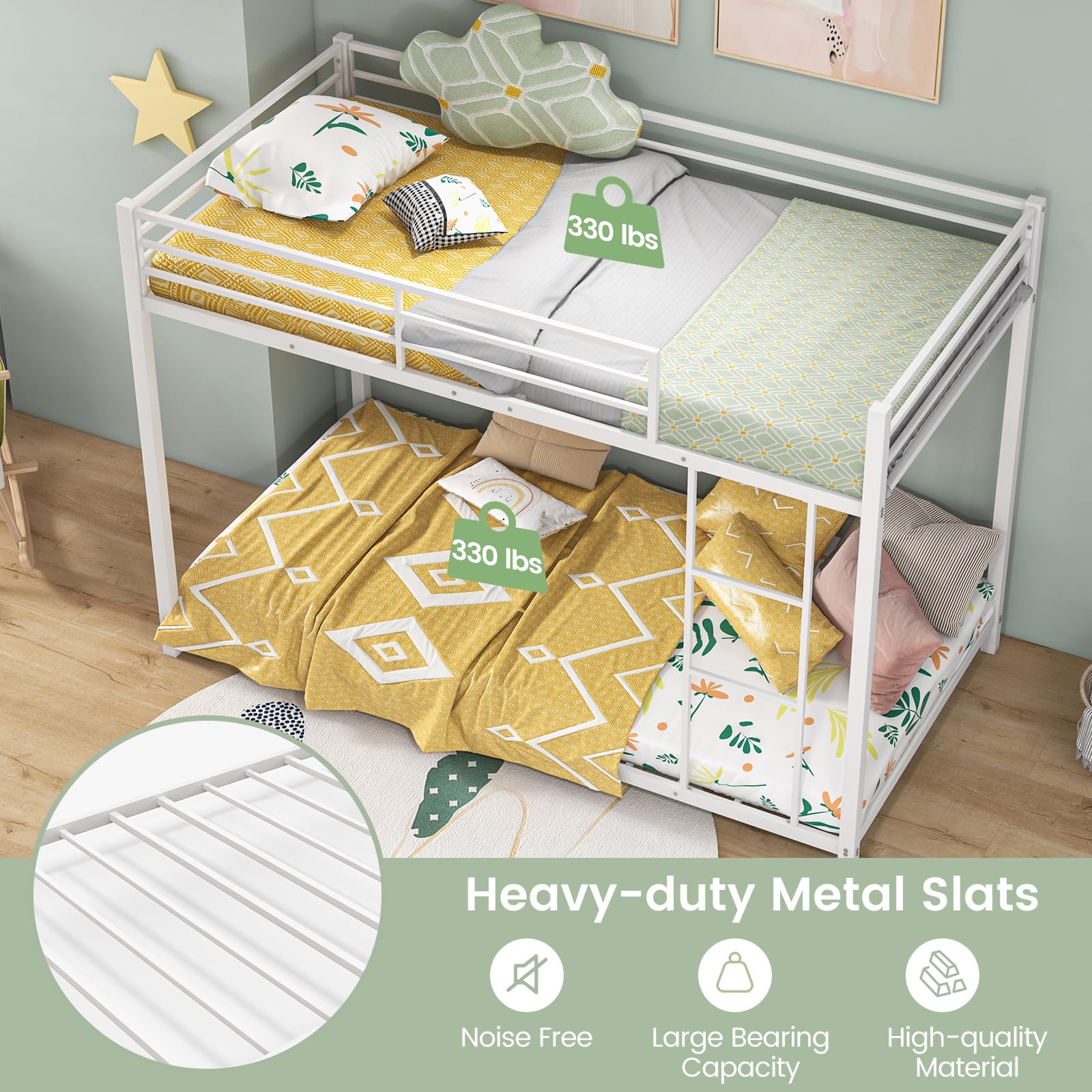 Twin Over Twin Metal Low Floor Bunk Bed with Safety Guard Rail & Ladder