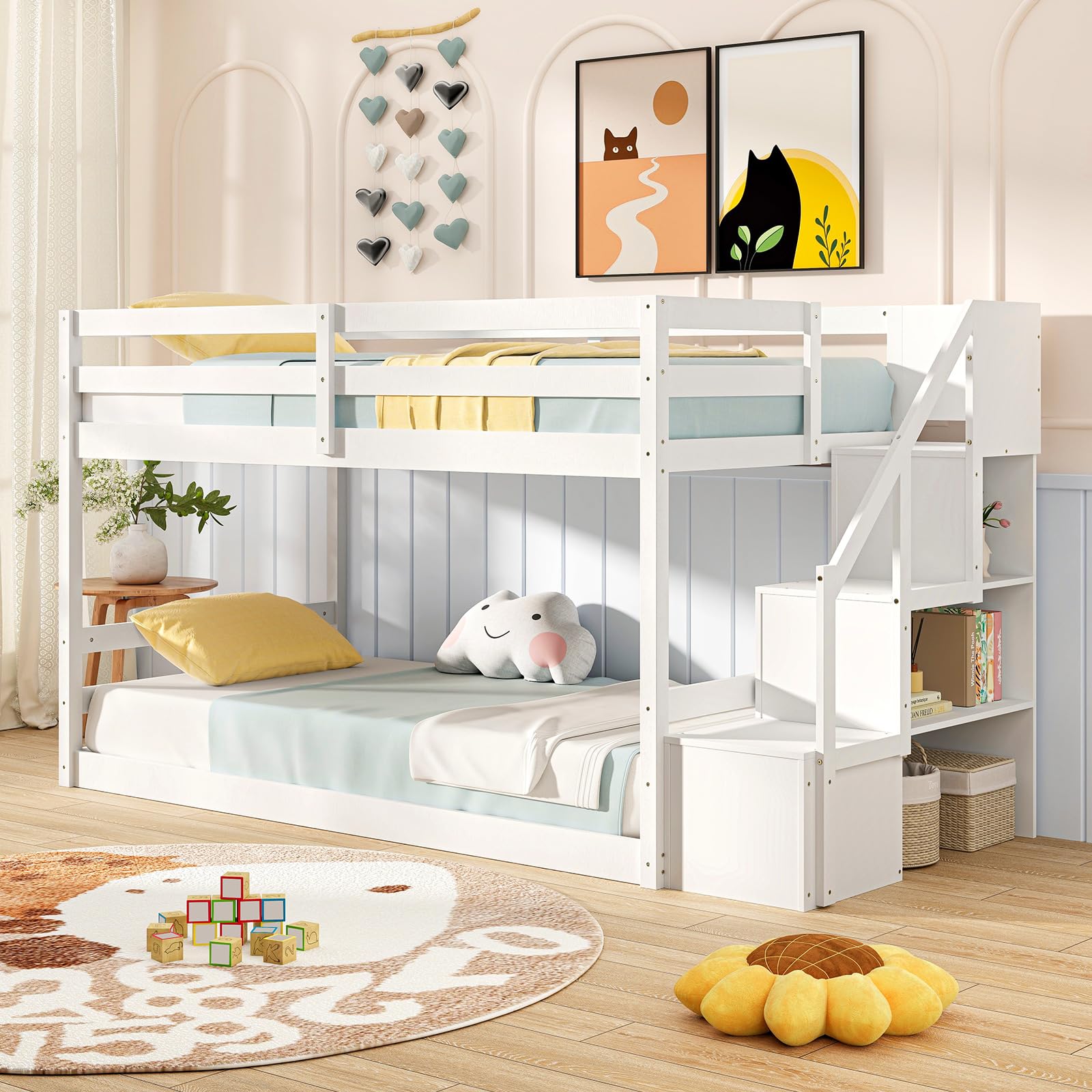 Bunk Bed with Stairs, Solid Wood Floor Bunk Bed with Storage Staircase & Full-Length Guardrails