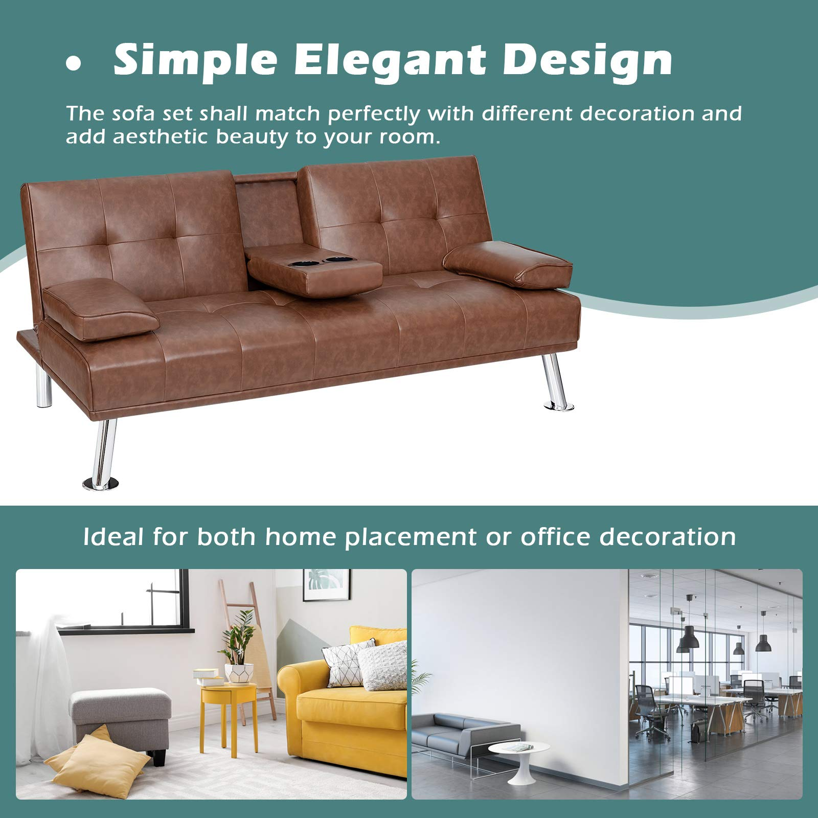 Leather Convertible Futon Sofa Bed with Removable Armrests and 2 Cup Holders
