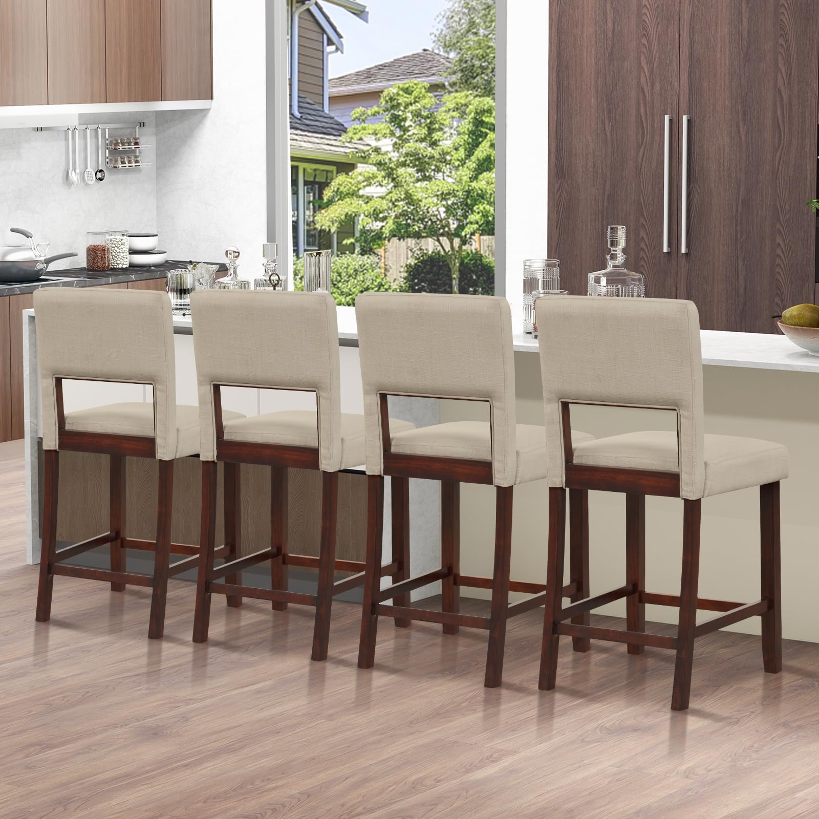 24.5" Counter Height Bar Stools Set of 2, Linen Barstools with Back, Rubber Wood Legs