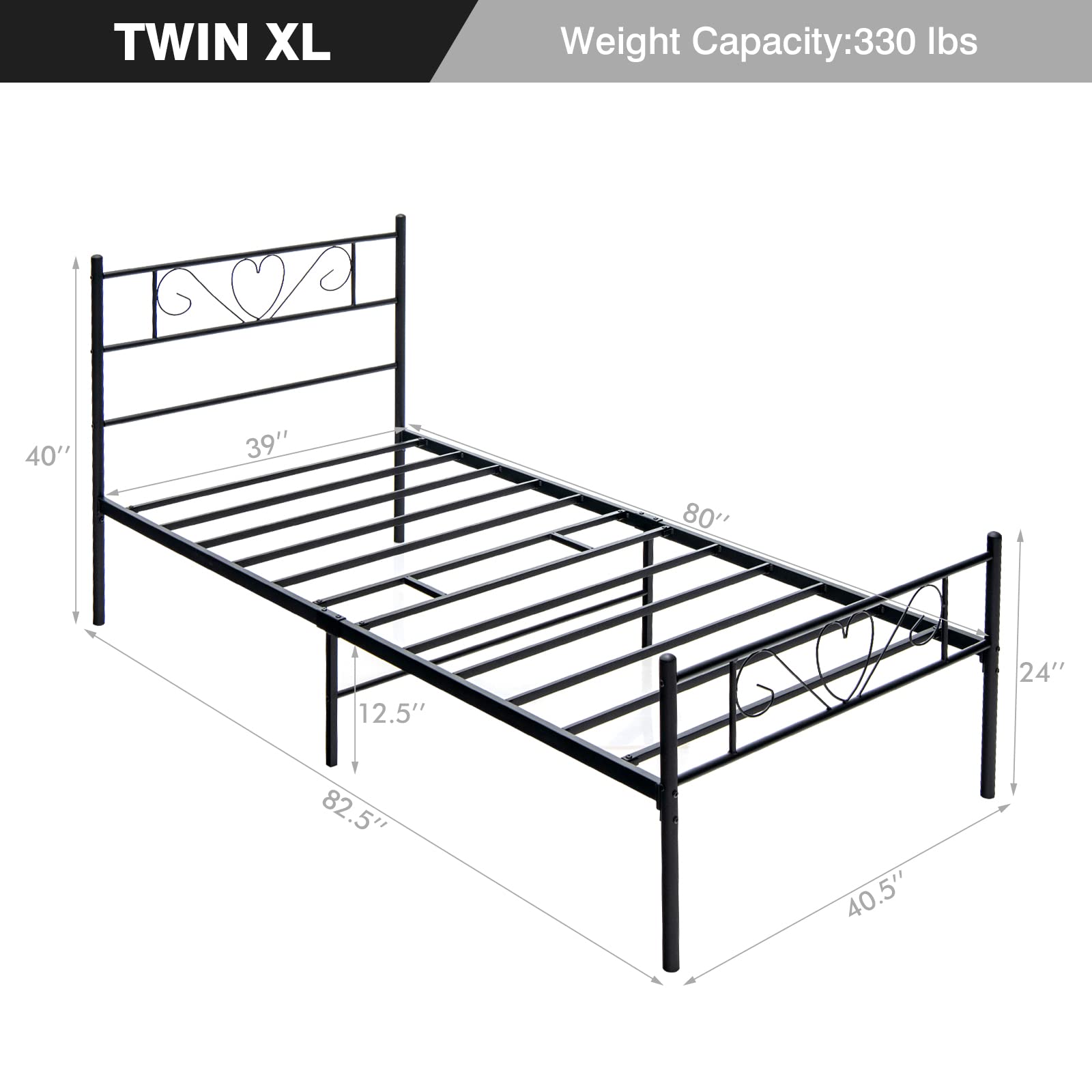 Twin XL Metal Bed Frame with Heart-Shaped Headboard & Footboard