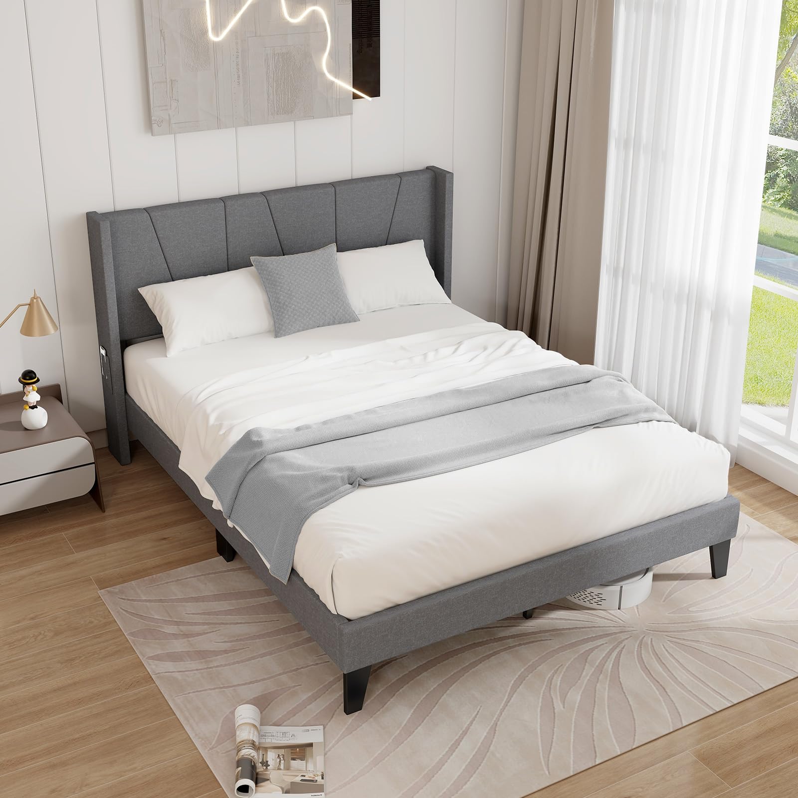 Upholstered Bed Frame with Wingback Headboard