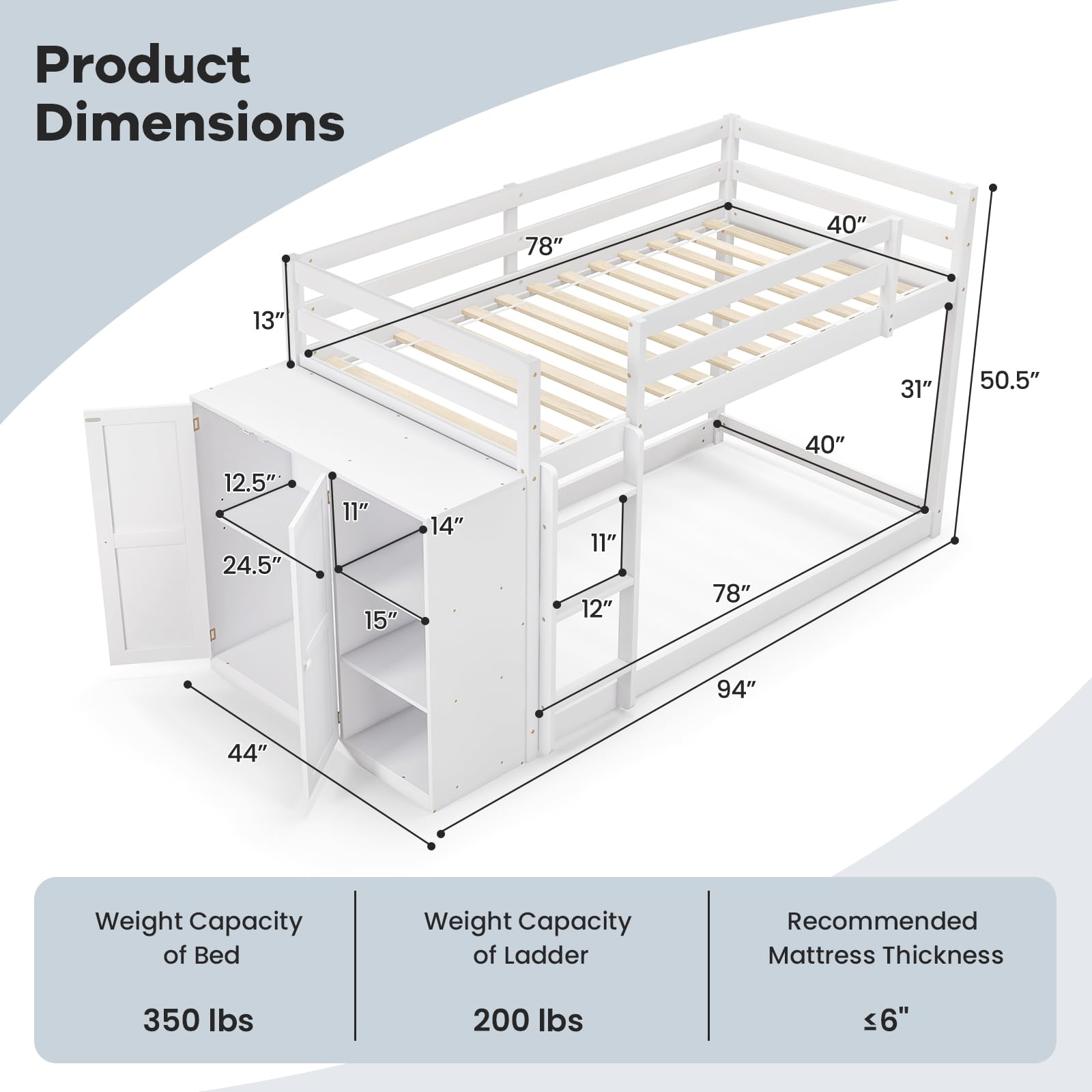 Twin Over Twin Bunk Bed with Storage Cabinet & Shelves, Convertible Bookcase